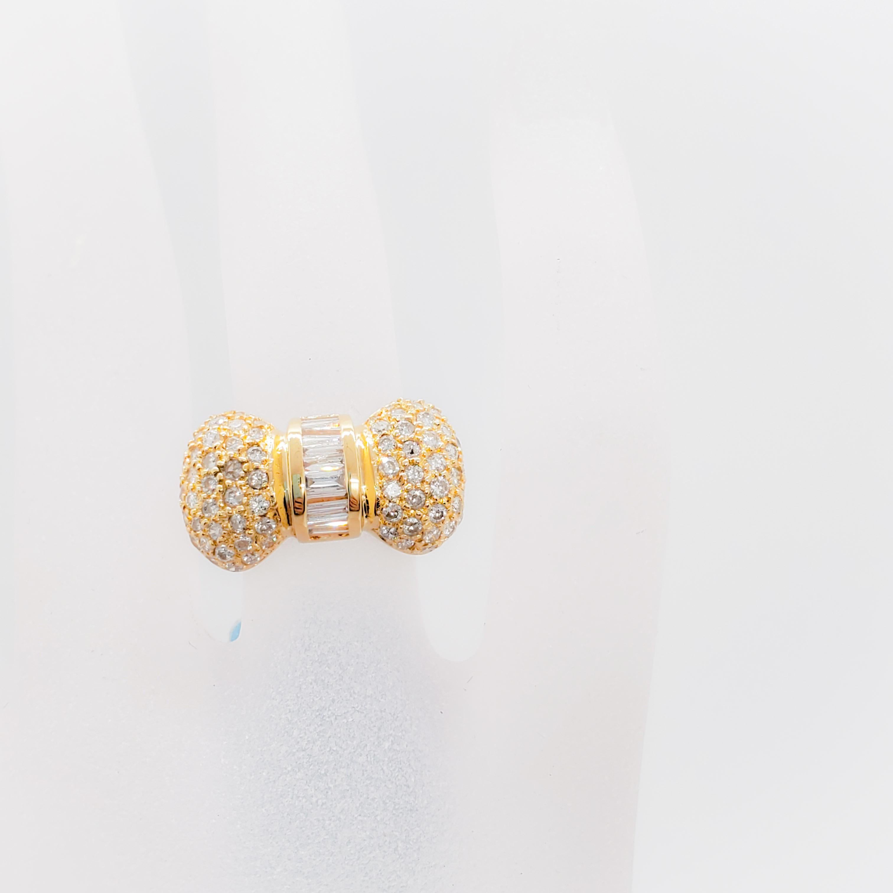 Round Cut White Diamond Baguette and Round Bow Design Ring in 18 Karat Yellow Gold