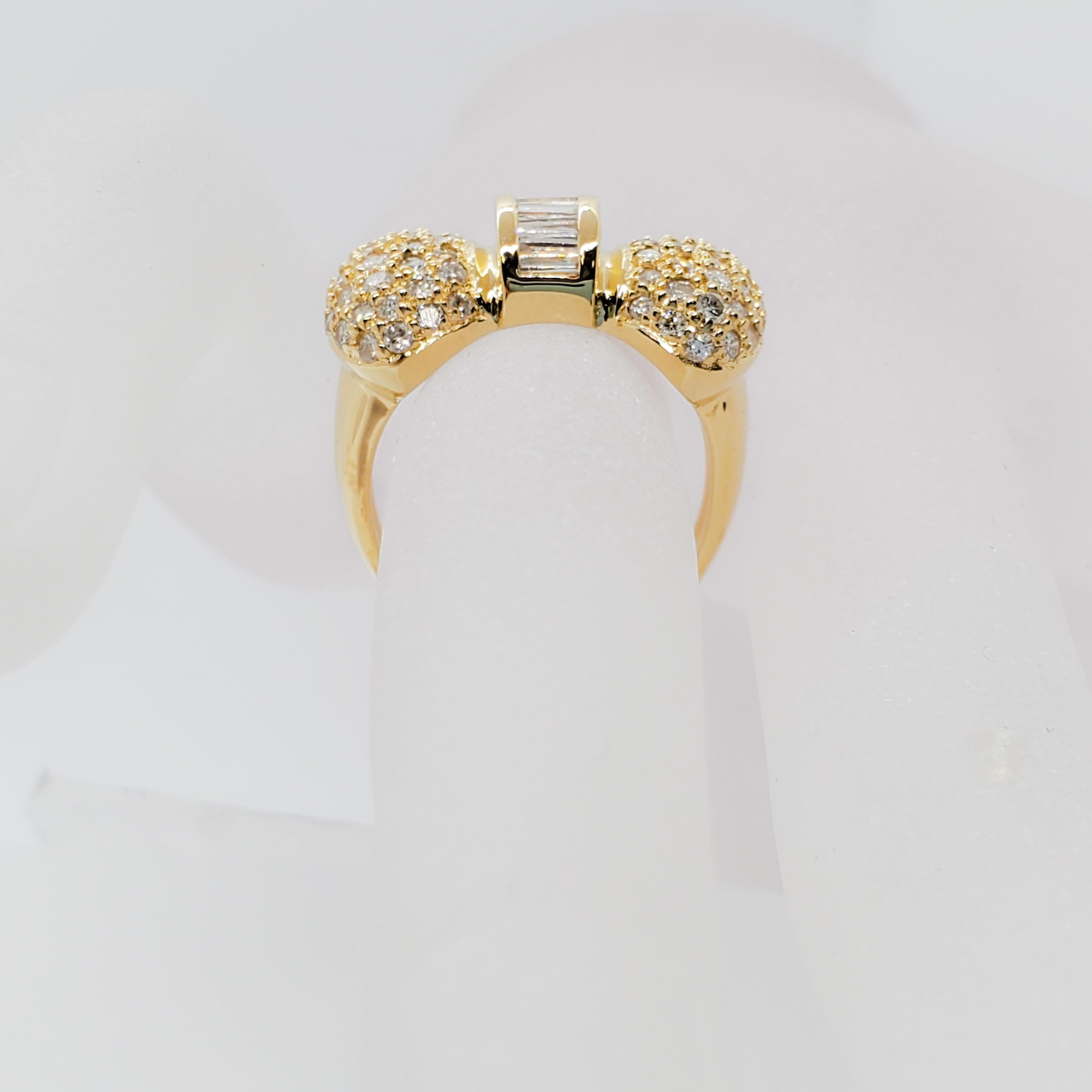 Women's or Men's White Diamond Baguette and Round Bow Design Ring in 18 Karat Yellow Gold