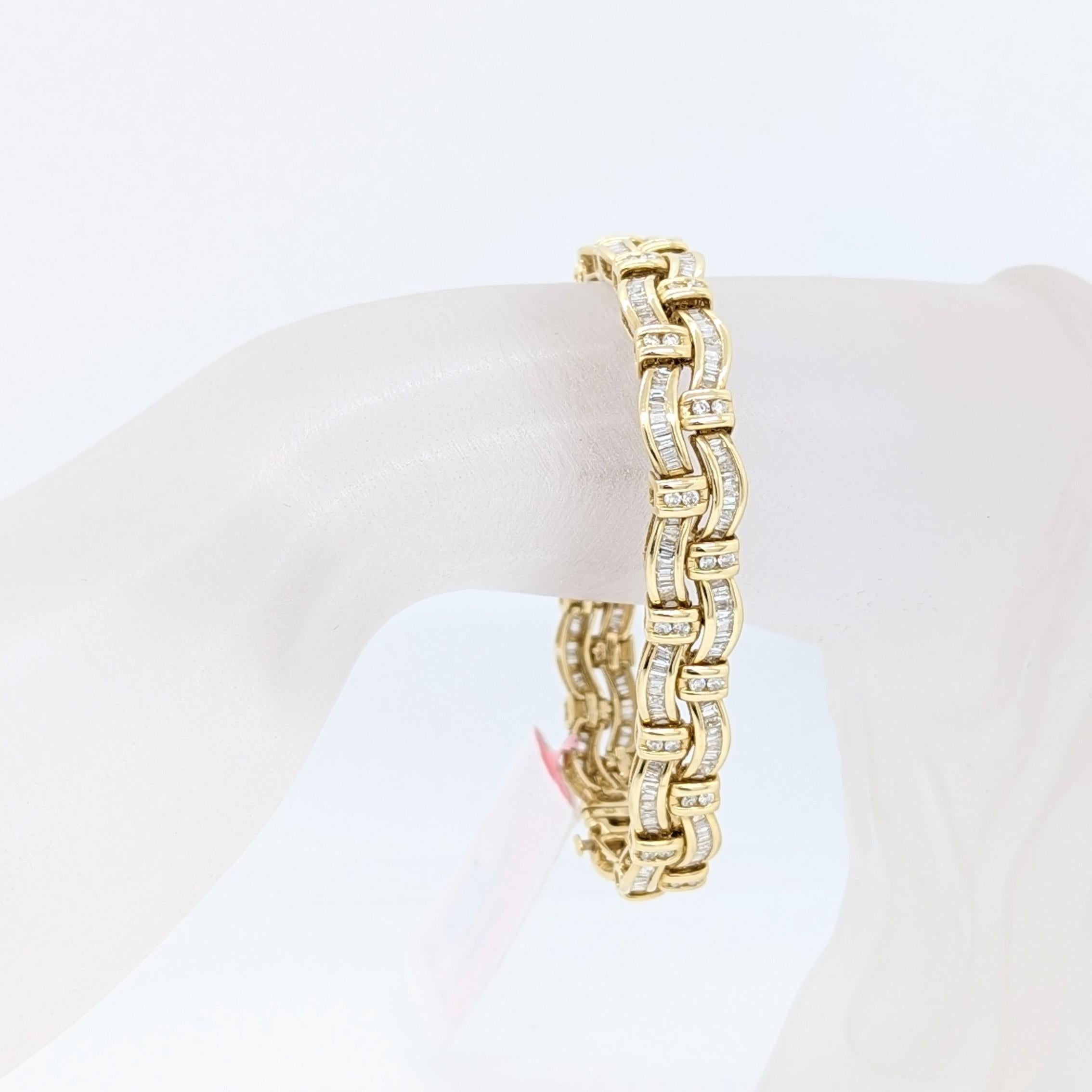 Baguette Cut White Diamond Baguette and Round Bracelet 14K Yellow Gold For Sale
