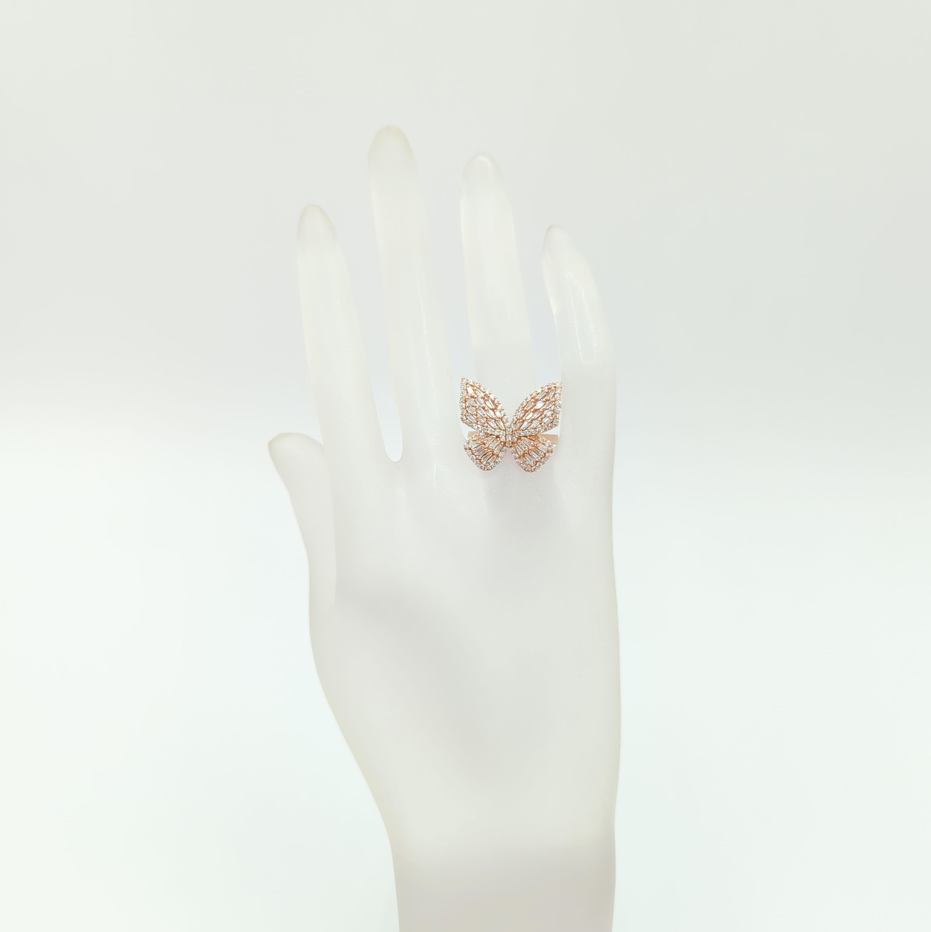 Baguette Cut White Diamond Baguette and Round Butterfly Design Ring in 14k Rose Gold For Sale