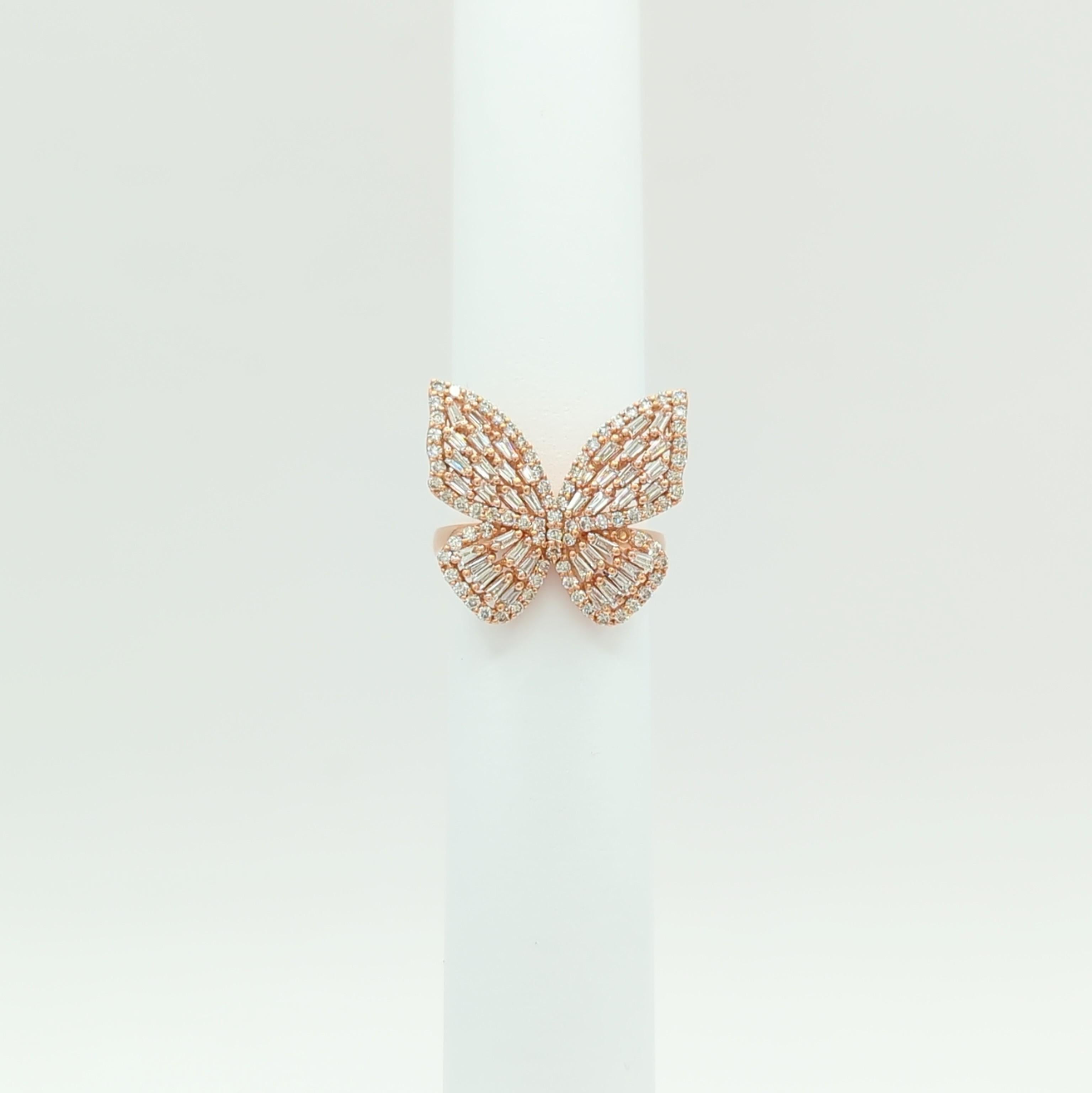 White Diamond Baguette and Round Butterfly Design Ring in 14k Rose Gold In New Condition For Sale In Los Angeles, CA