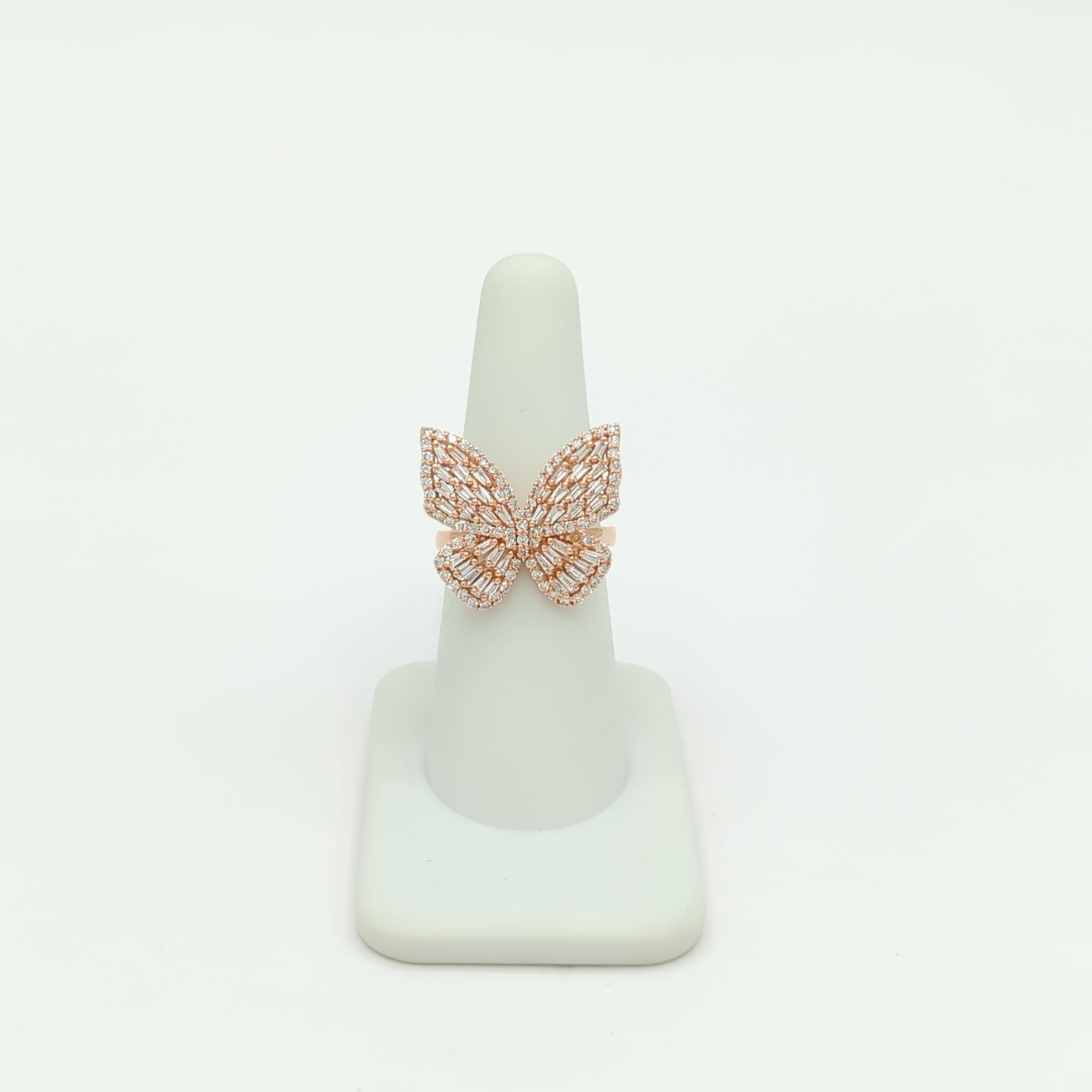 Weißer Diamant Baguette und Runde Schmetterling Design Ring in 14k Rose Gold für Damen oder Herren im Angebot