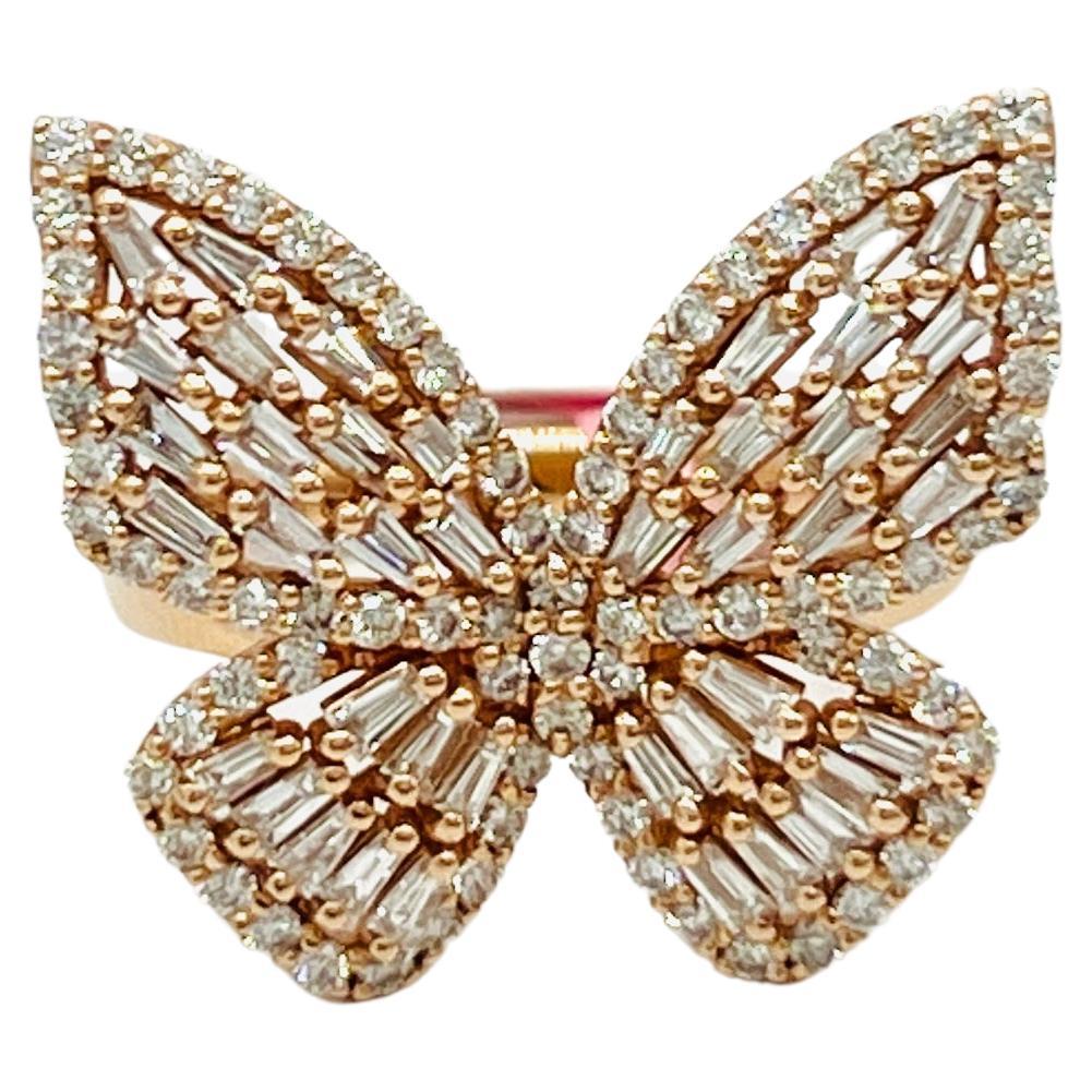 Weißer Diamant Baguette und Runde Schmetterling Design Ring in 14k Rose Gold