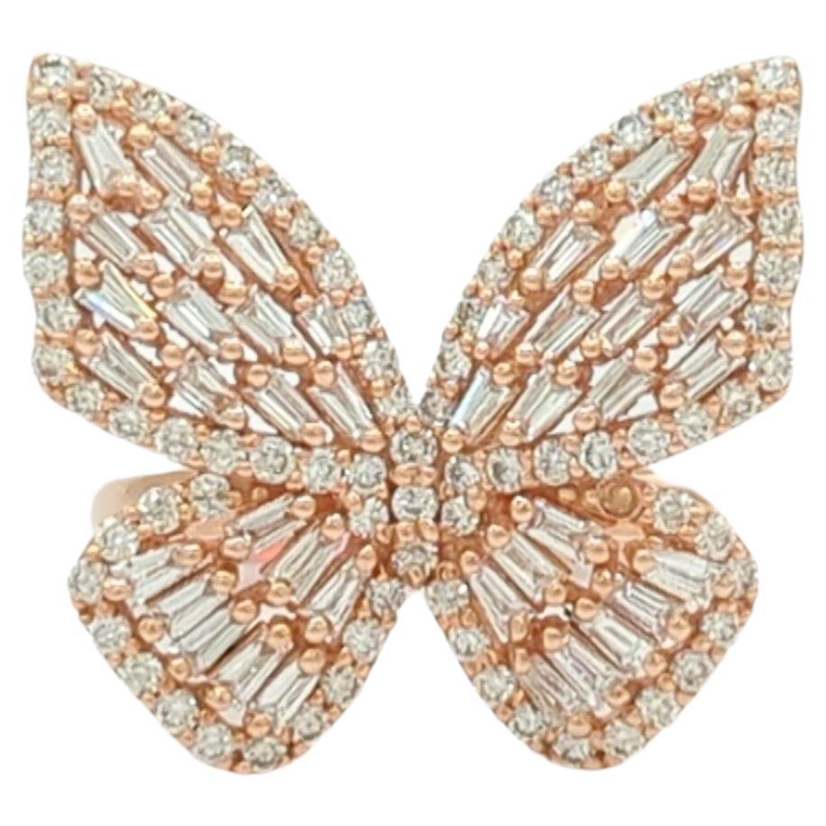 Weißer Diamant Baguette und Runde Schmetterling Design Ring in 14k Rose Gold im Angebot