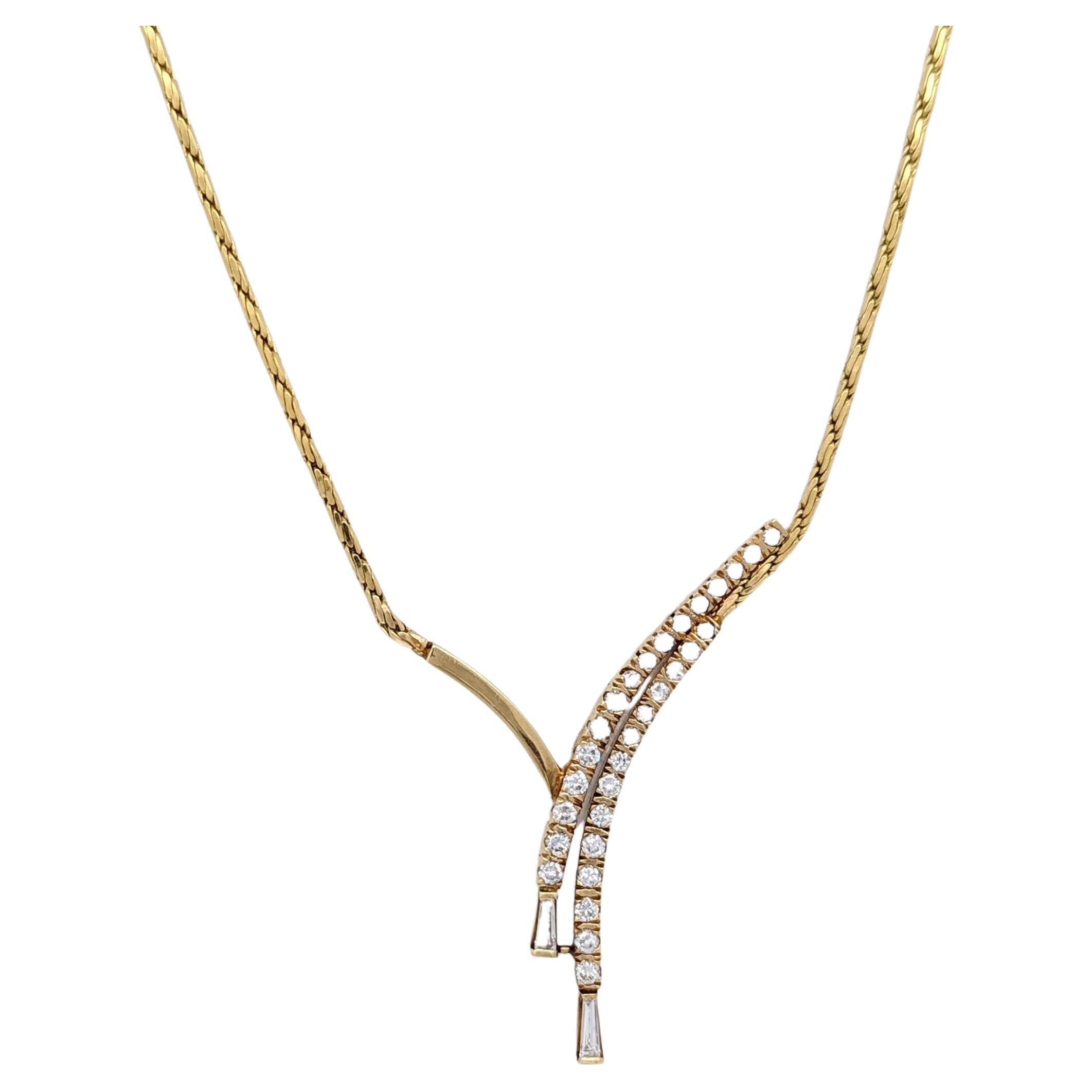 White Diamond Baguette and Round Design Necklace in 14K Yellow Gold For Sale