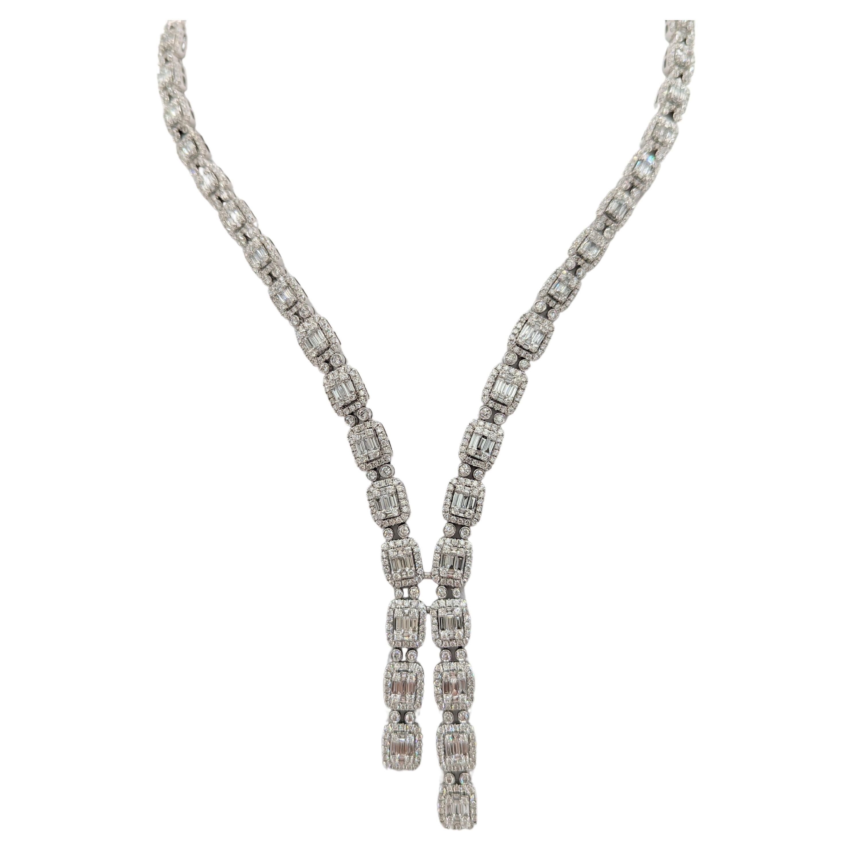White Diamond Baguette and Round Necklace in 18 Karat White Gold For Sale