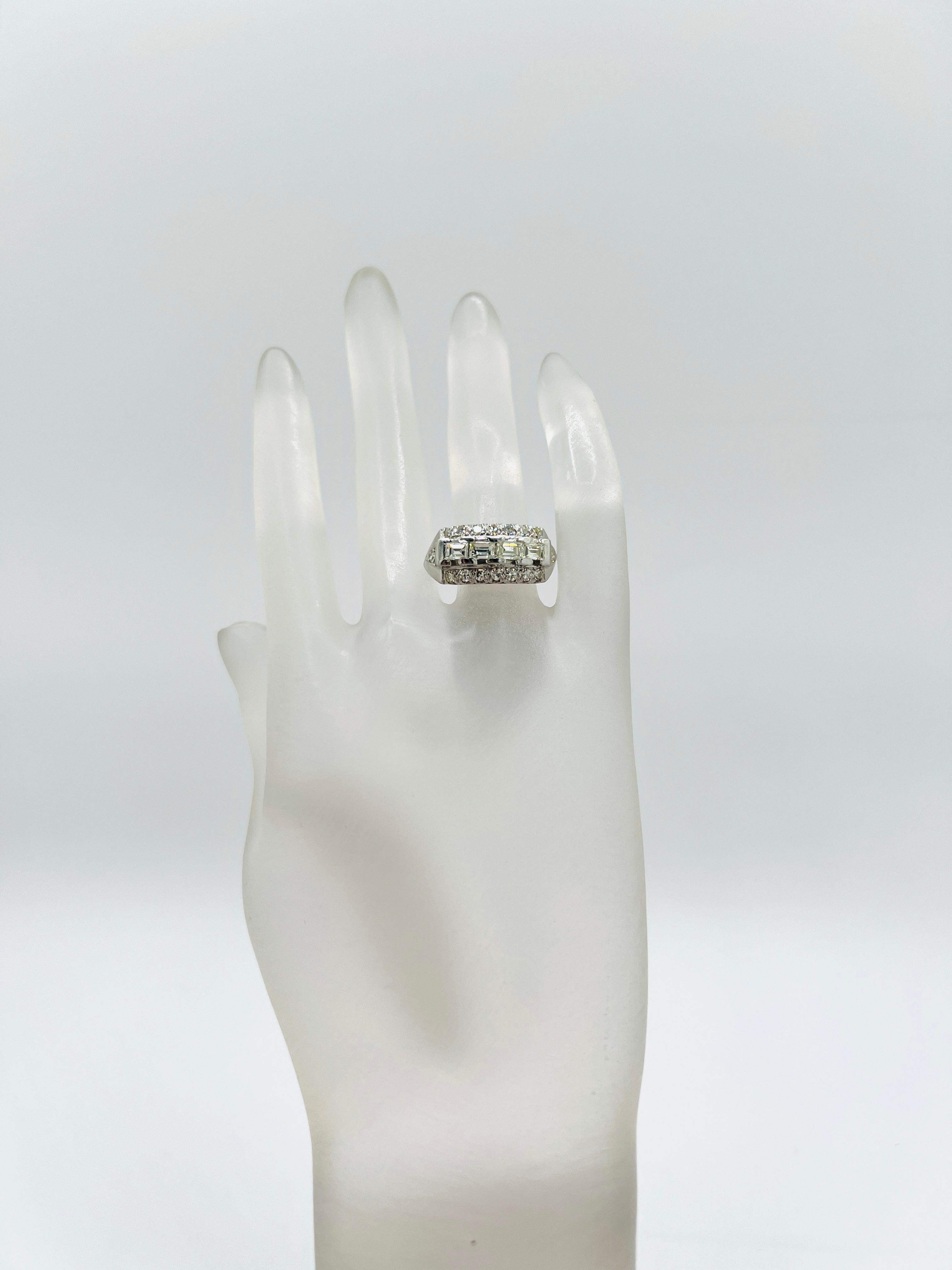 Round Cut White Diamond Baguette and Round Ring in Platinum For Sale
