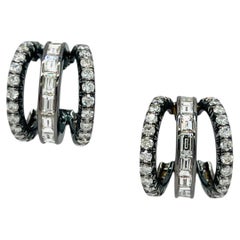 White Diamond Baguette and Round Triple Hoop Earrings in 14K & Black Rhodium