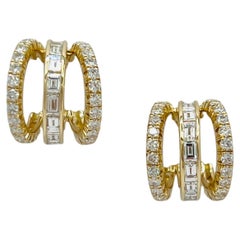 White Diamond Baguette and Round Triple Hoop Earrings in 14k Yellow Gold