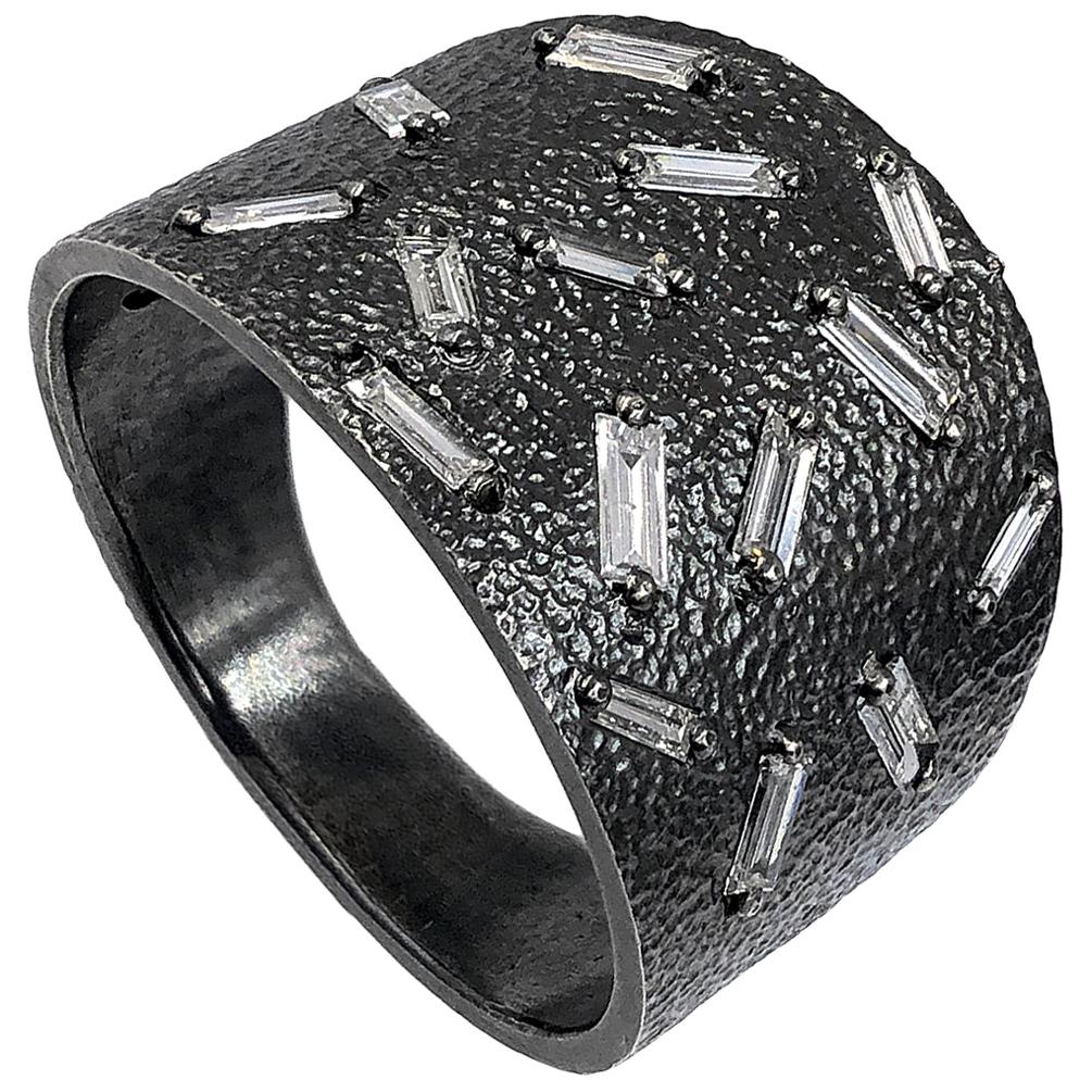 White Diamond Baguette Fine Textured Oxidized Silver Ice Band Ring