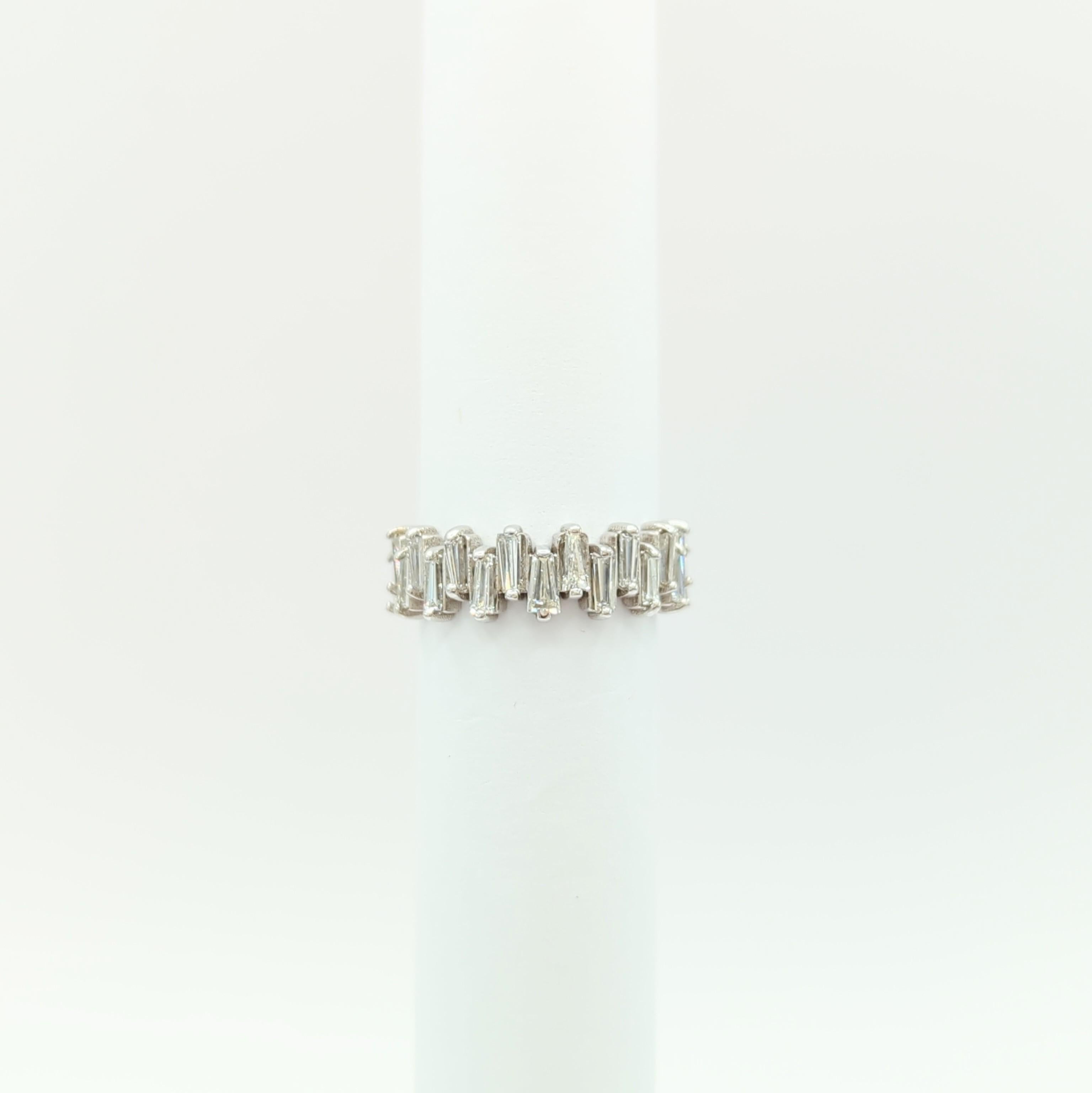 Women's or Men's White Diamond Baguette Ring in 14K White Gold For Sale