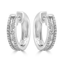 White Diamond Baguette & Round 14 Karat White Gold Fashion Huggie Hoop Earrings