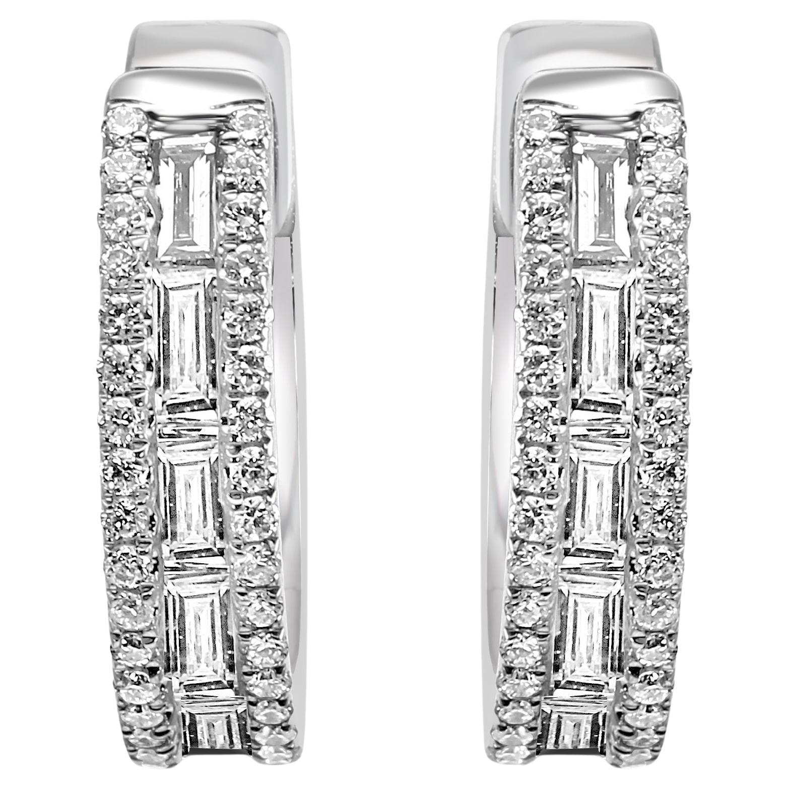 Pendientes de aro redondos y baguette de diamantes blancos en oro blanco de 14 quilates