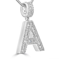 White Diamond Baguette & Round 14 Karat White Gold Letter "A" Fashion Pendant
