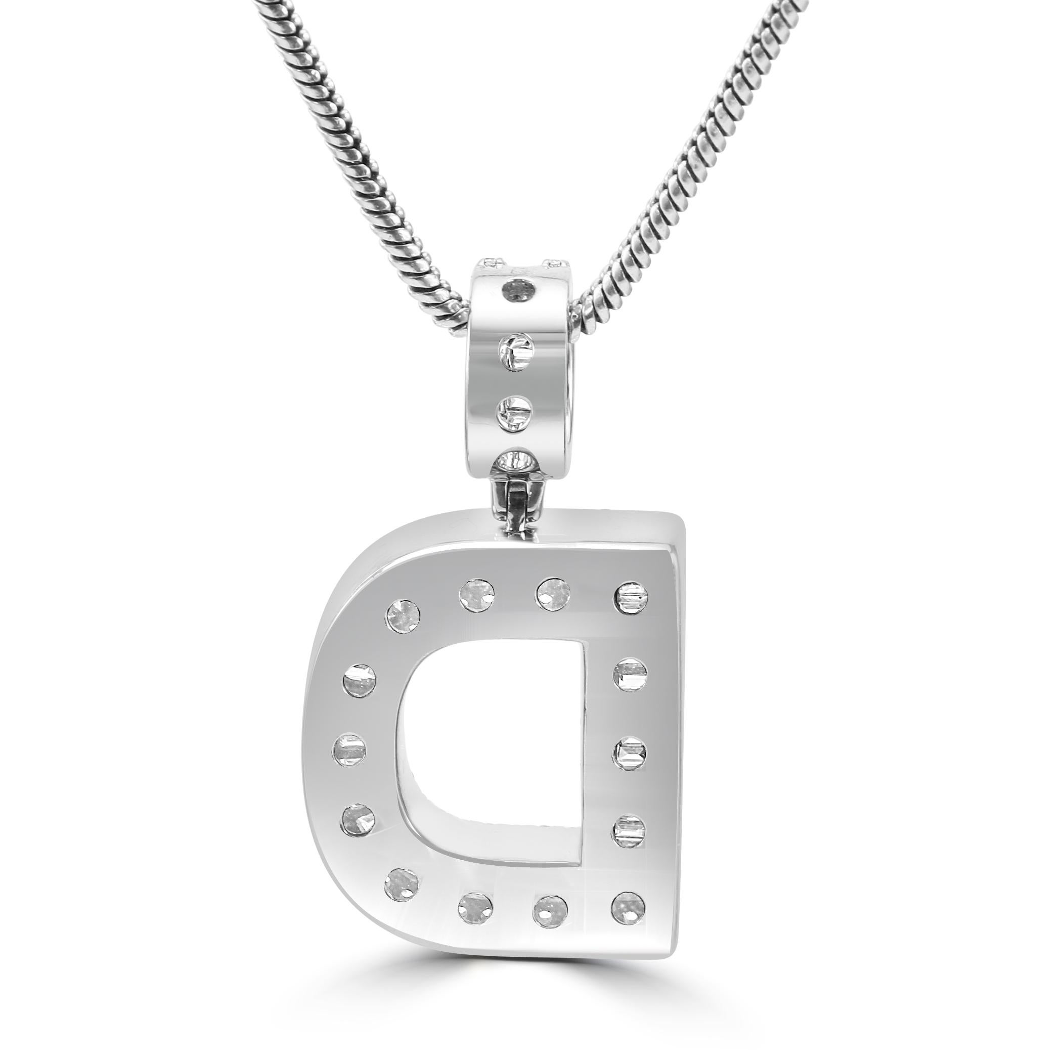 Baguette Cut White Diamond Baguette & Round 14 Karat White Gold Letter 