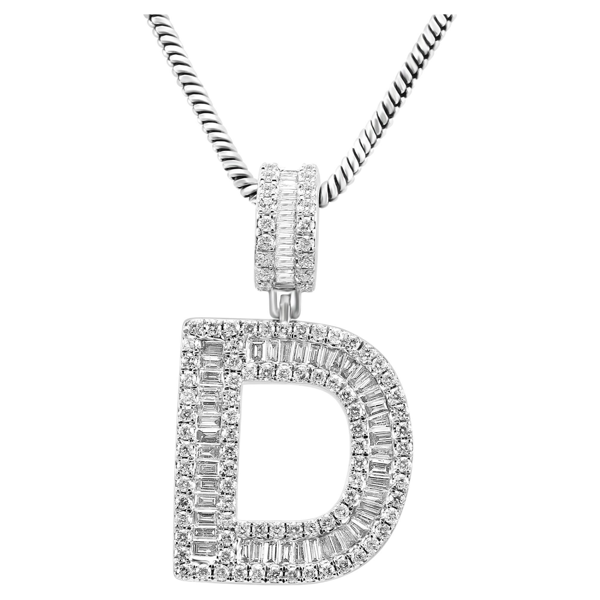 White Diamond Baguette & Round 14 Karat White Gold Letter "D" Fashion Pendant
