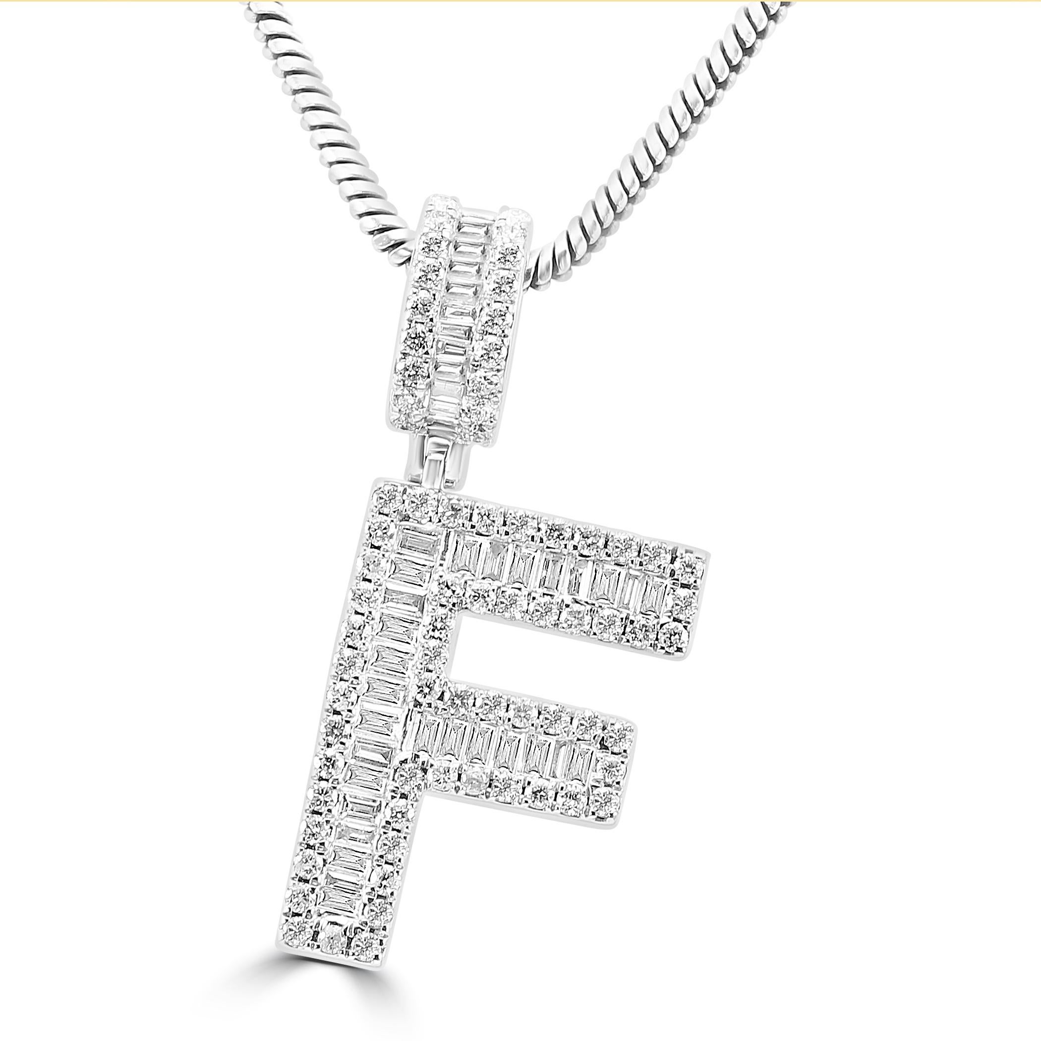 Baguette Cut White Diamond Baguette & Round 14 Karat White Gold Letter 