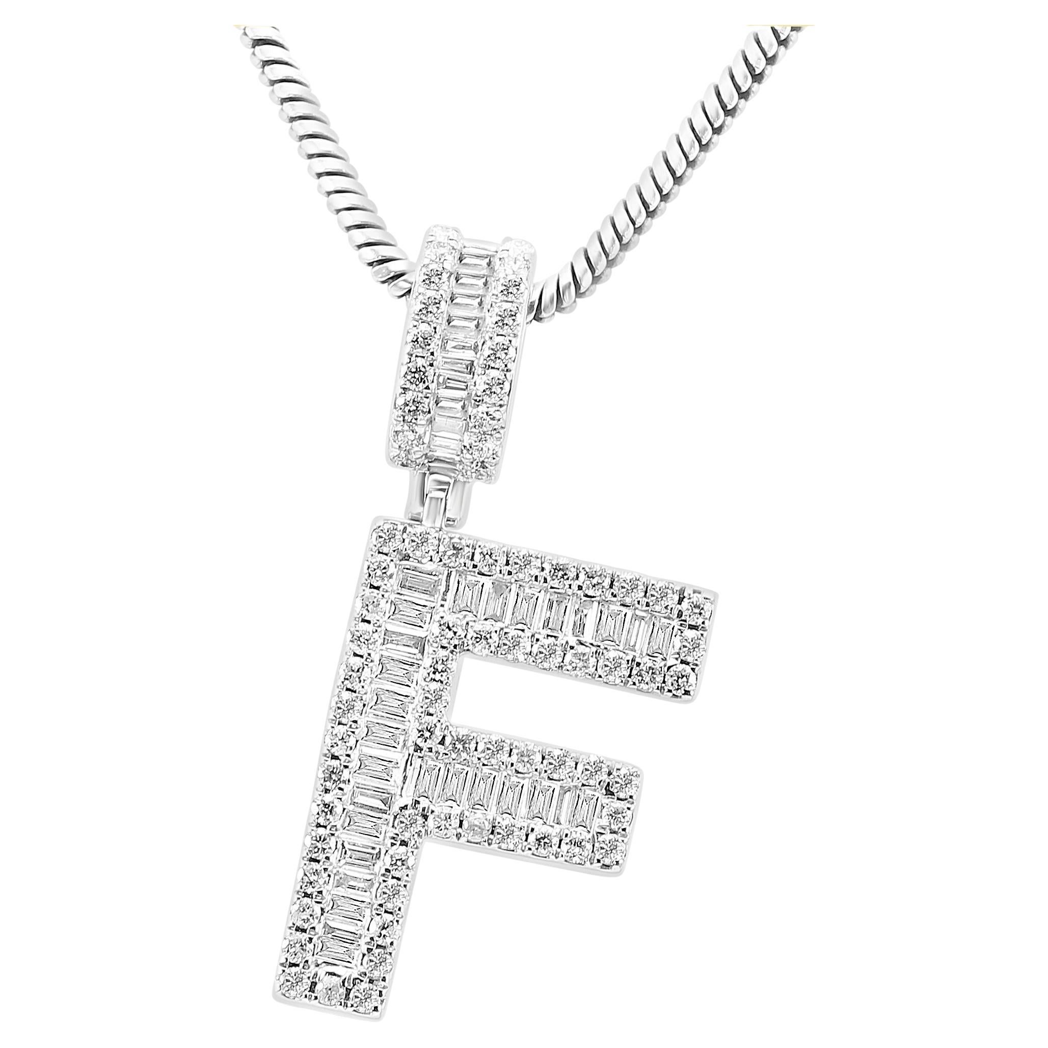 White Diamond Baguette & Round 14 Karat White Gold Letter "F" Fashion Pendant For Sale