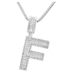 White Diamond Baguette & Round 14 Karat White Gold Letter "F" Fashion Pendant