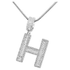White Diamond Baguette & Round 14 Karat White Gold Letter "H" Fashion Pendant