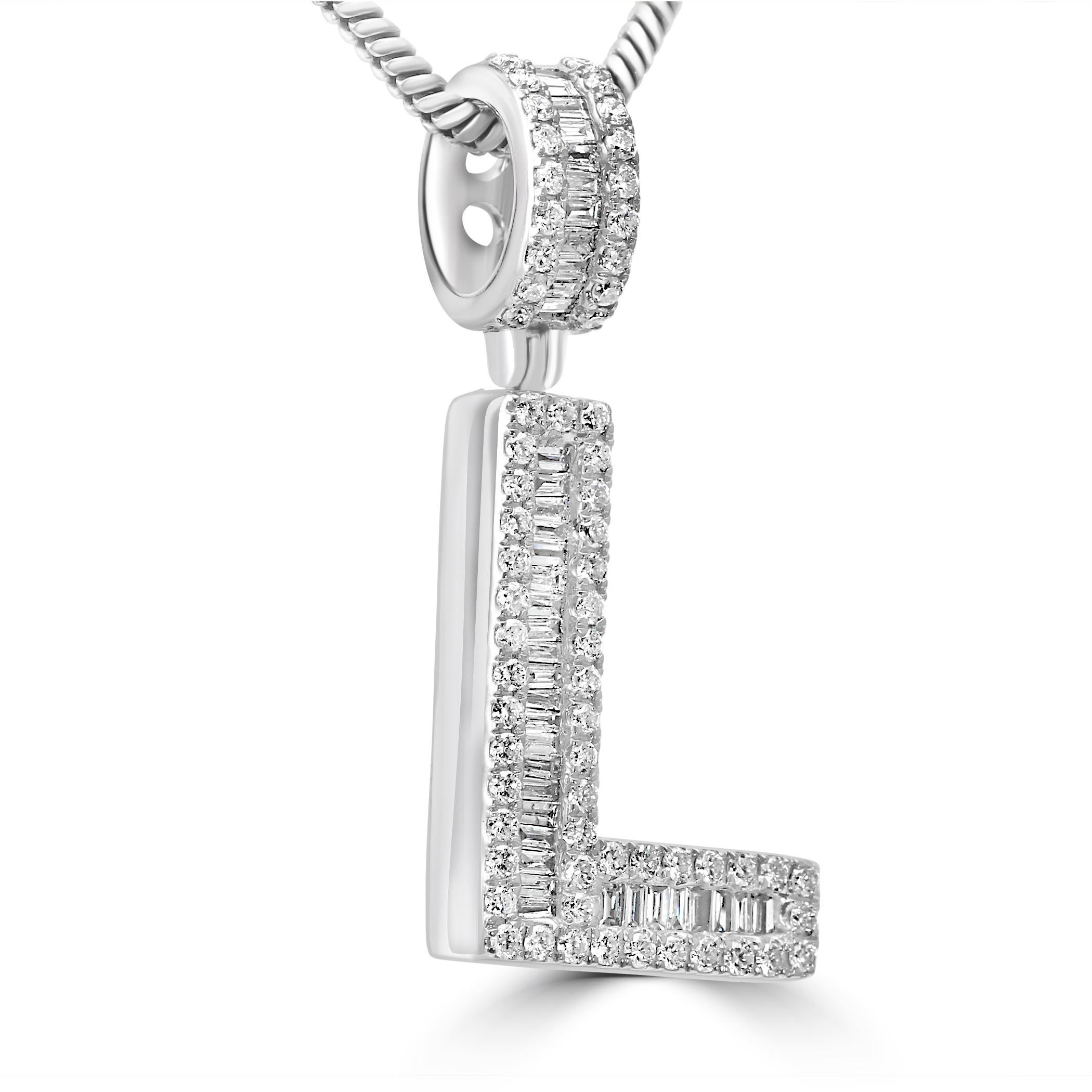 Make a bold statement of luxury and elegance with our fashion statement letter pendant.

The pendant features 0.43 carats of baguette diamonds, carefully set by our master artisans by hand to create a sleek and modern aesthetic. The clean lines and