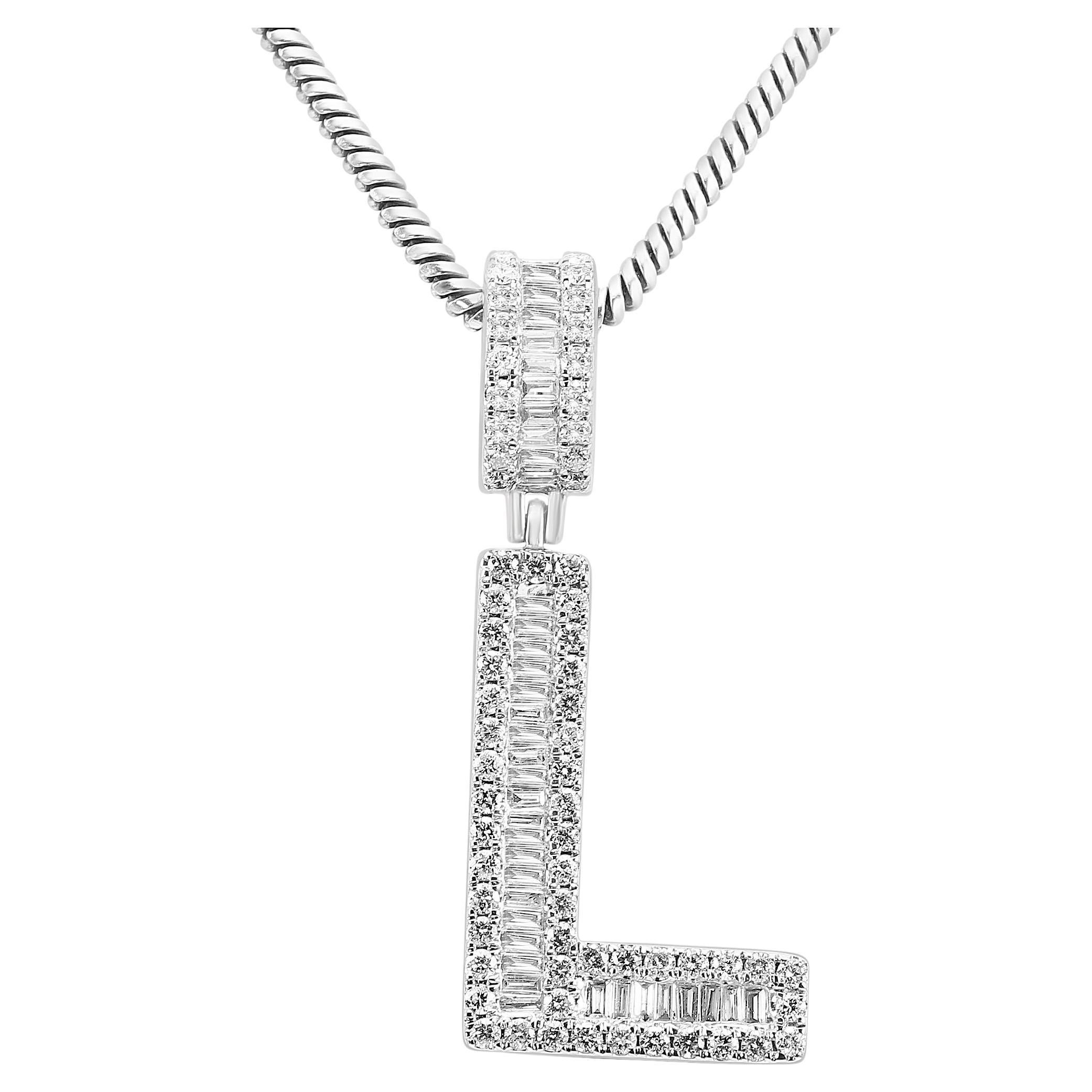 White Diamond Baguette & Round 14 Karat White Gold Letter "L" Fashion Pendant