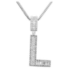 White Diamond Baguette & Round 14 Karat White Gold Letter "L" Fashion Pendant