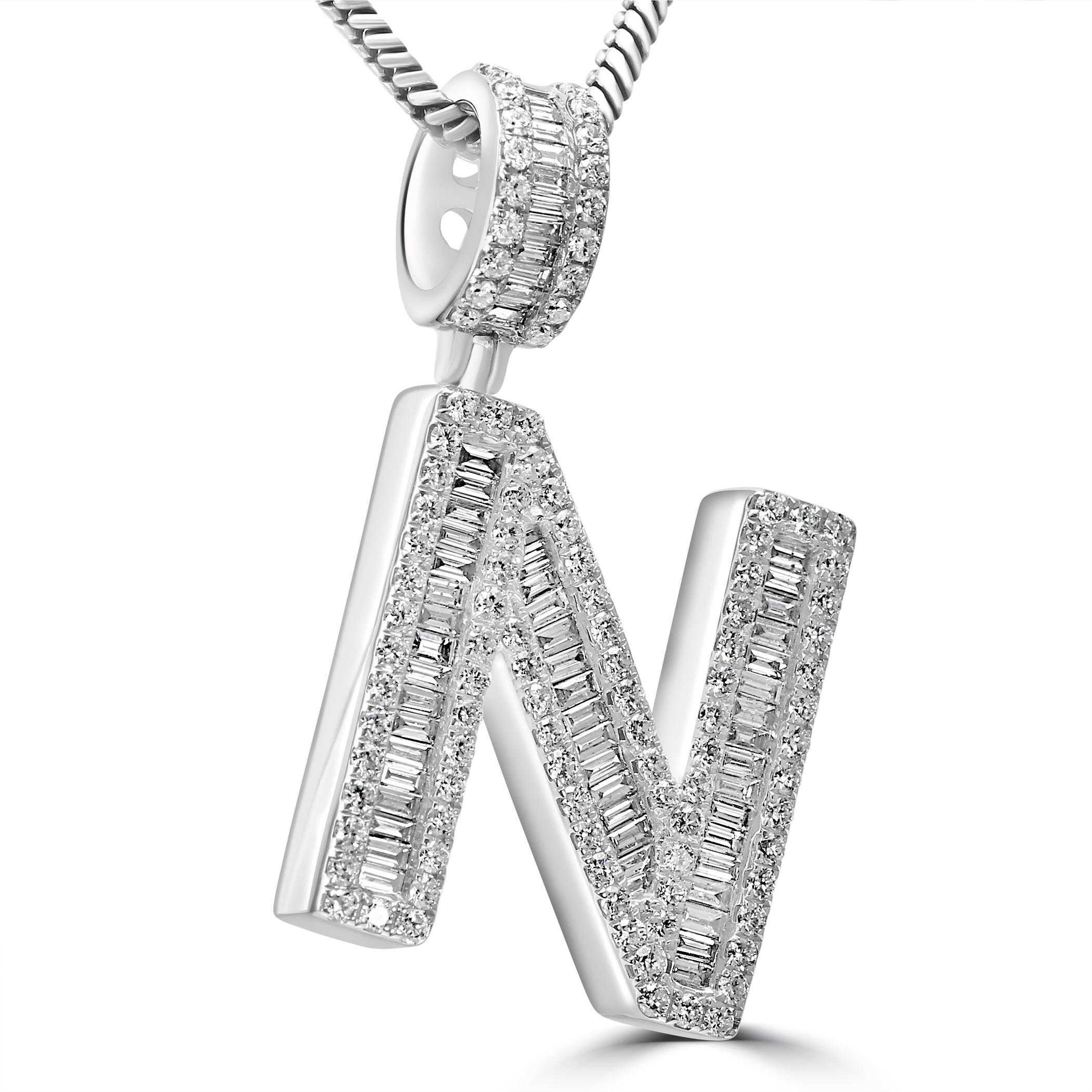Make a bold statement of luxury & elegance with our fashion statement letter pendant. 

The pendant features 1.04 carats of baguette diamonds, carefully set by our master artisans by hand to create a sleek and modern aesthetic. The clean lines and