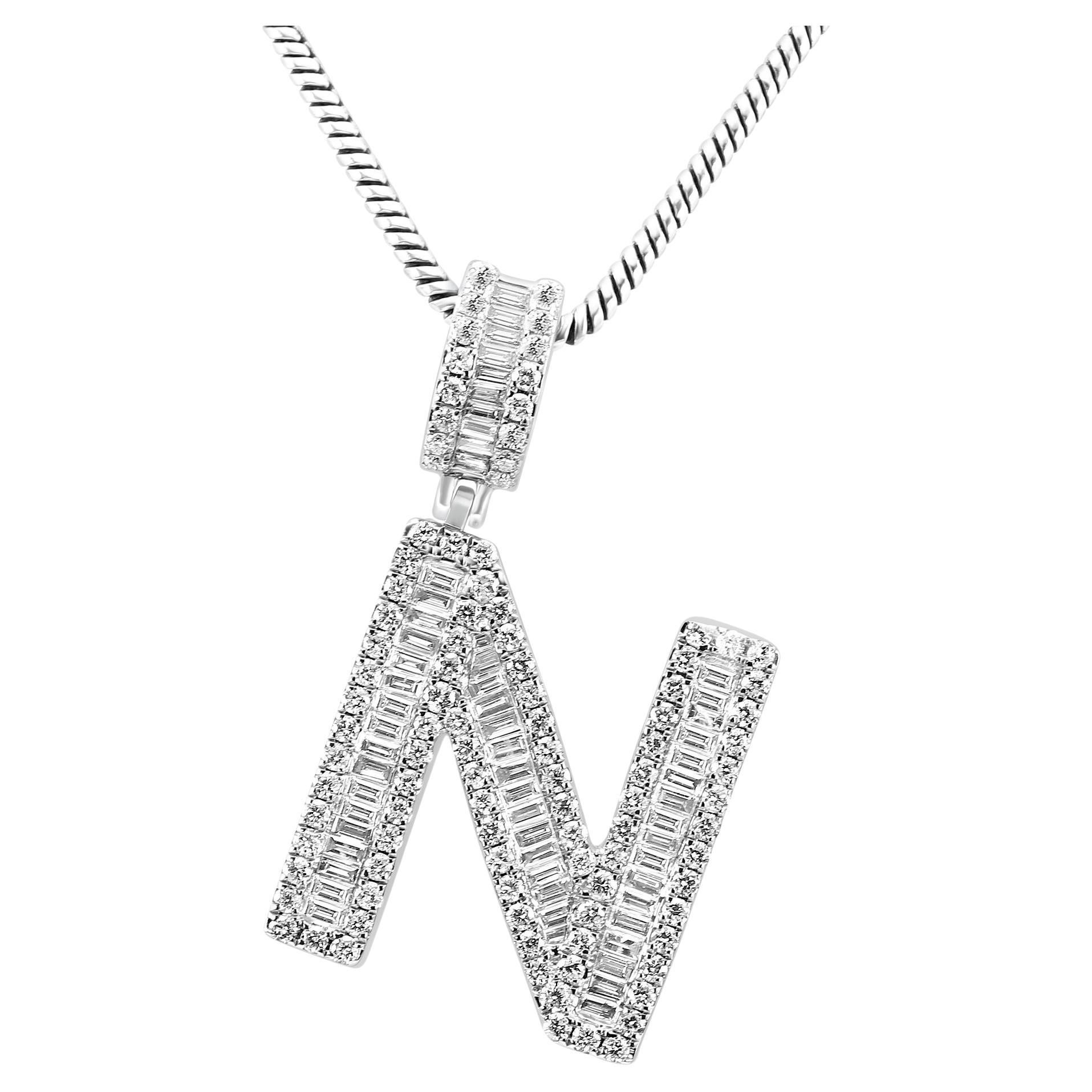 White Diamond Baguette & Round 14 Karat White Gold Letter "N" Fashion Pendant
