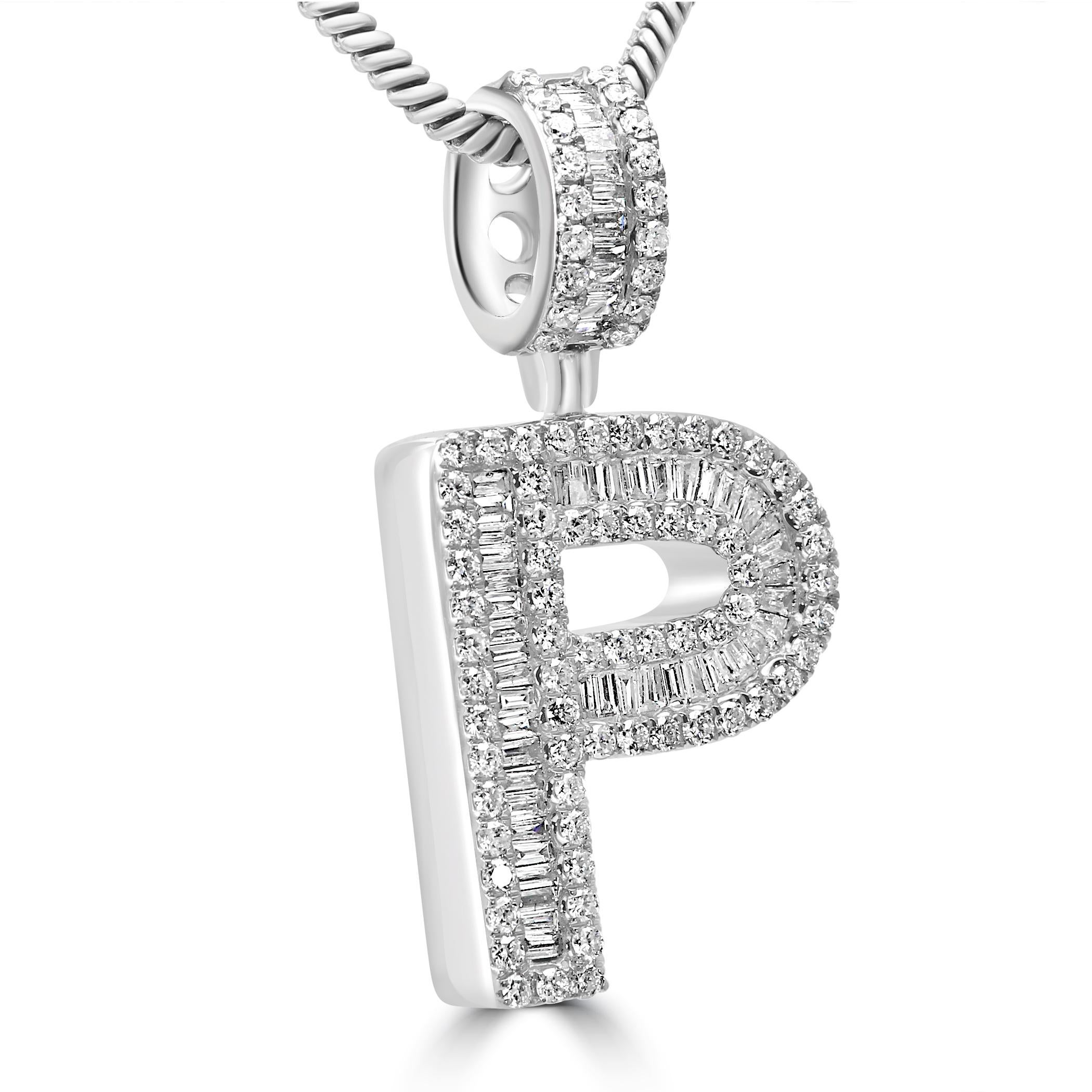 Modern White Diamond Baguette & Round 14 Karat White Gold Letter 
