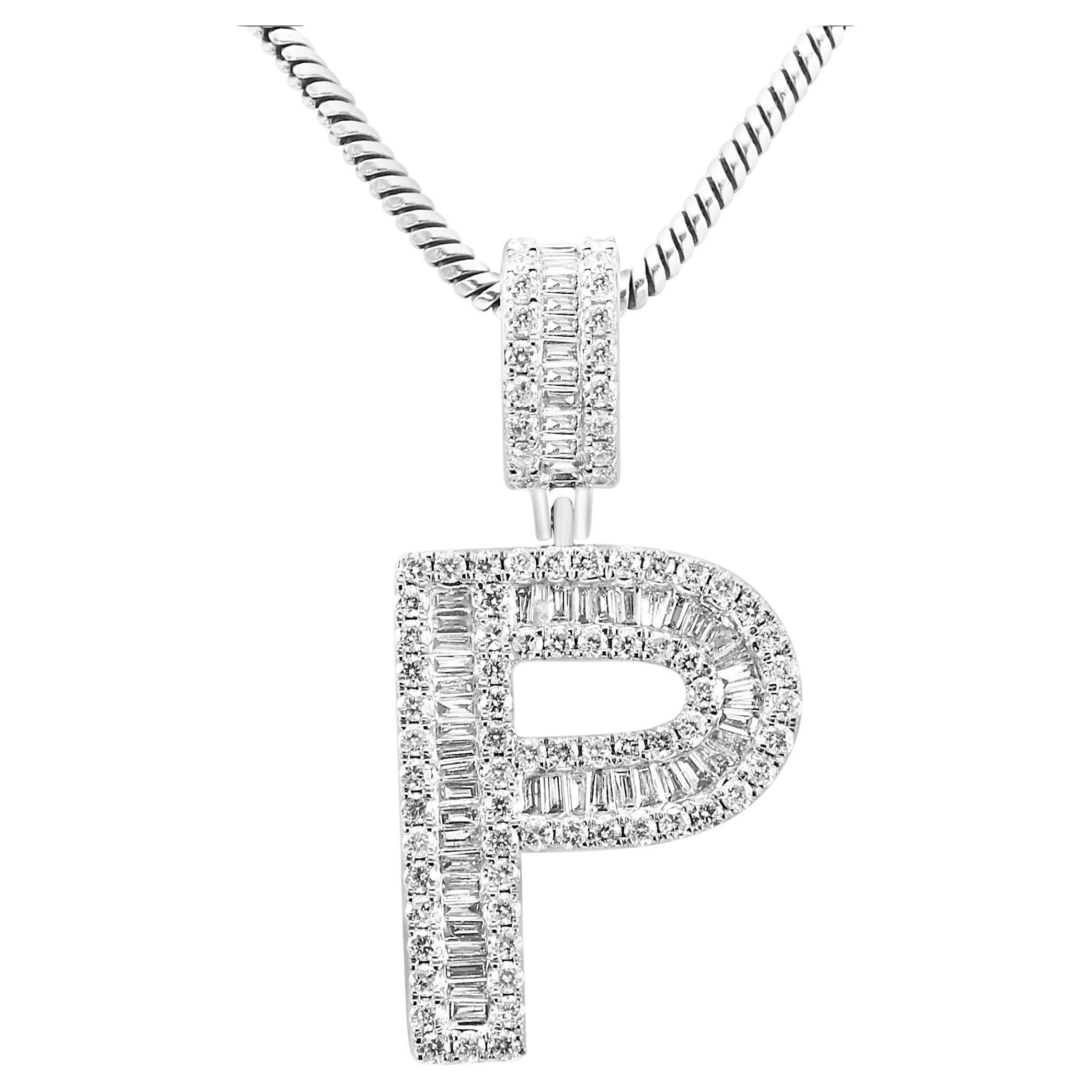 White Diamond Baguette & Round 14 Karat White Gold Letter "P" Fashion Pendant
