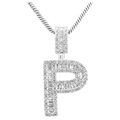 White Diamond Baguette & Round 14 Karat White Gold Letter "P" Fashion Pendant