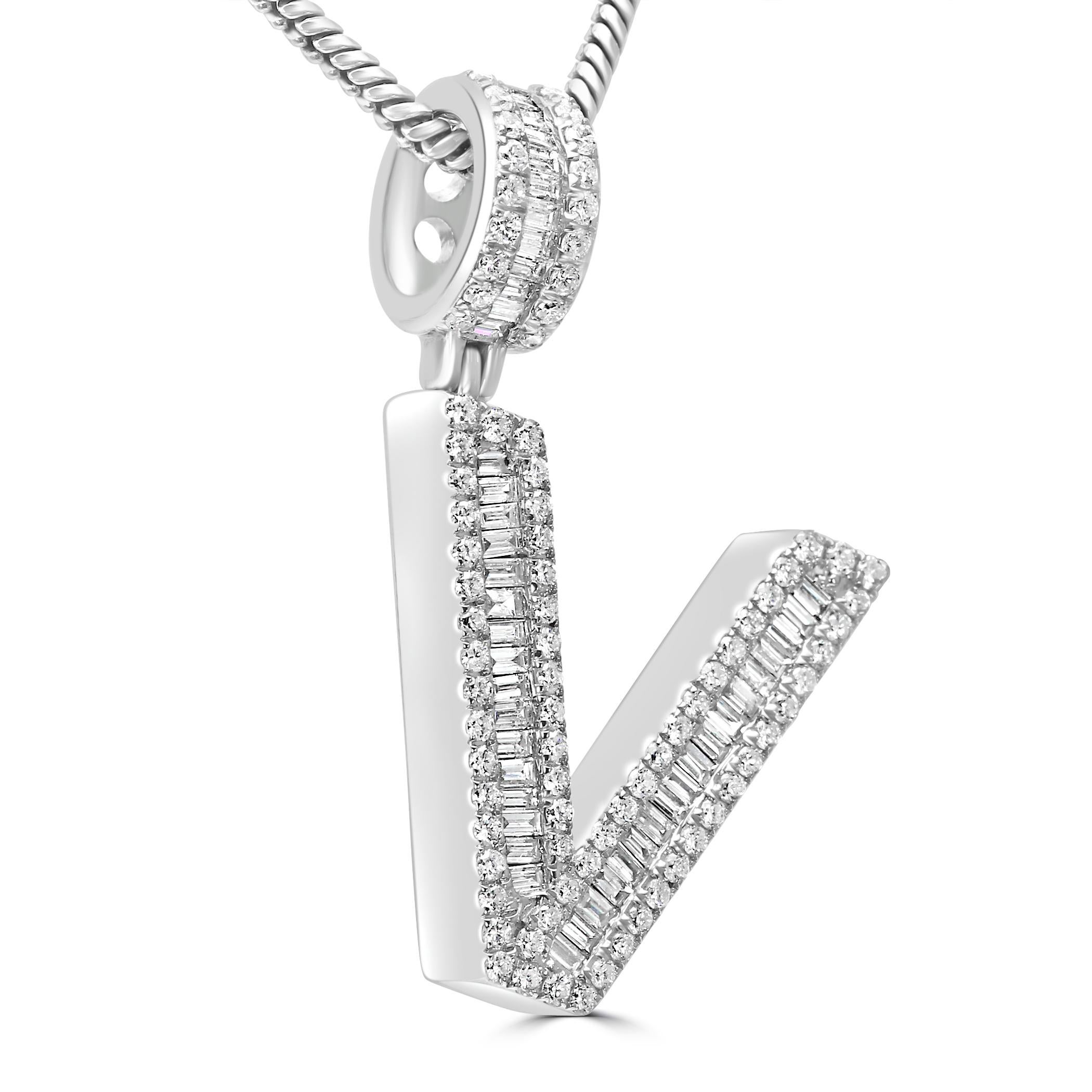 Make a bold statement of luxury & elegance with our fashion statement letter pendant. 

The pendant features 0.58 carats of baguette diamonds, carefully set by our master artisans by hand to create a sleek and modern aesthetic. The clean lines and