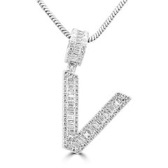 White Diamond Baguette & Round 14 Karat White Gold Letter "V" Fashion Pendant