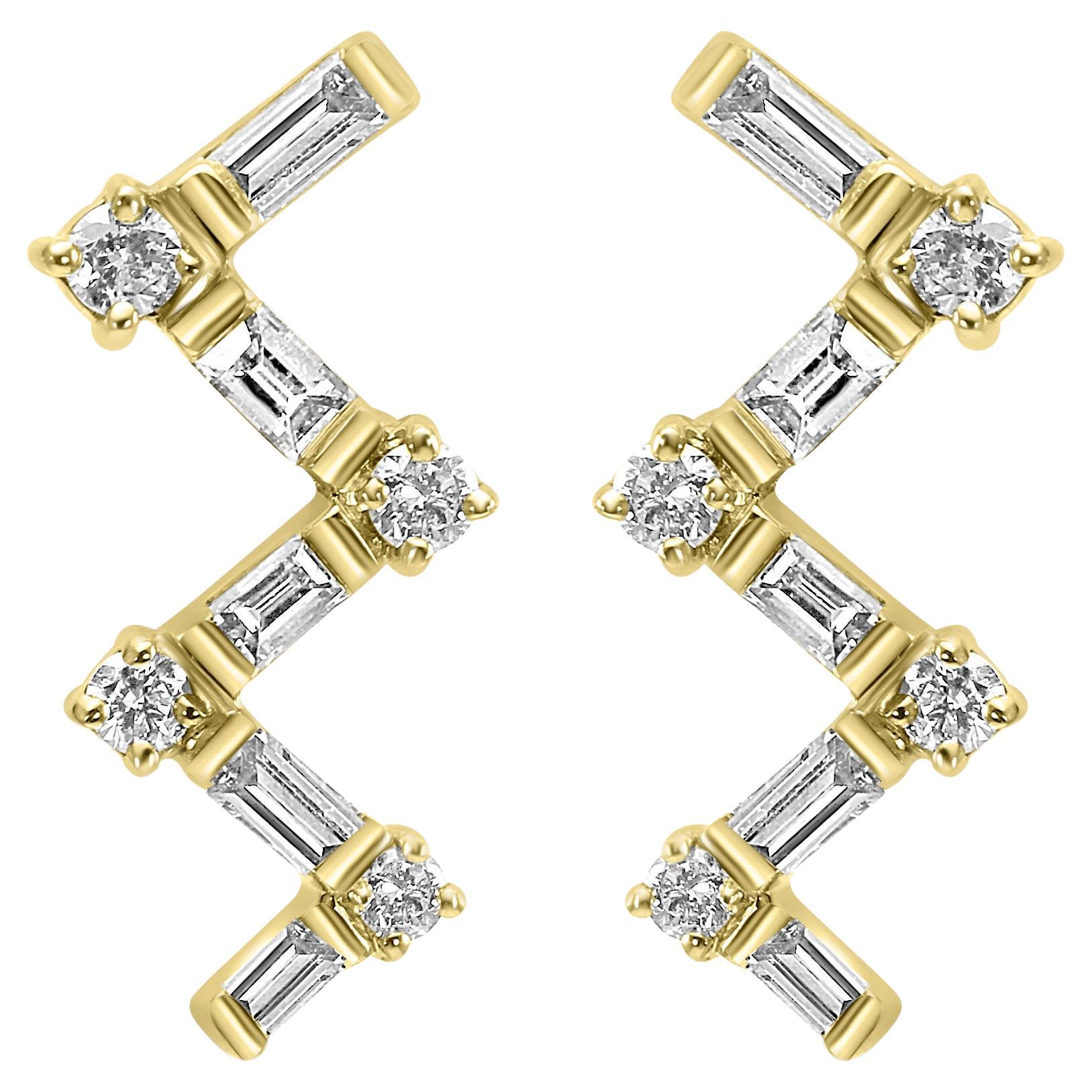 White Diamond Baguette & Round 14 Karat Gold "ZIG-ZAG" Fashion Stud Earring