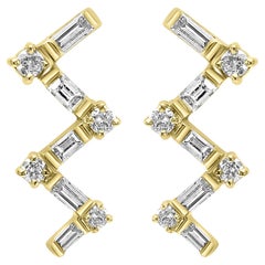 White Diamond Baguette & Round 14 Karat Gold "ZIG-ZAG" Fashion Stud Earring