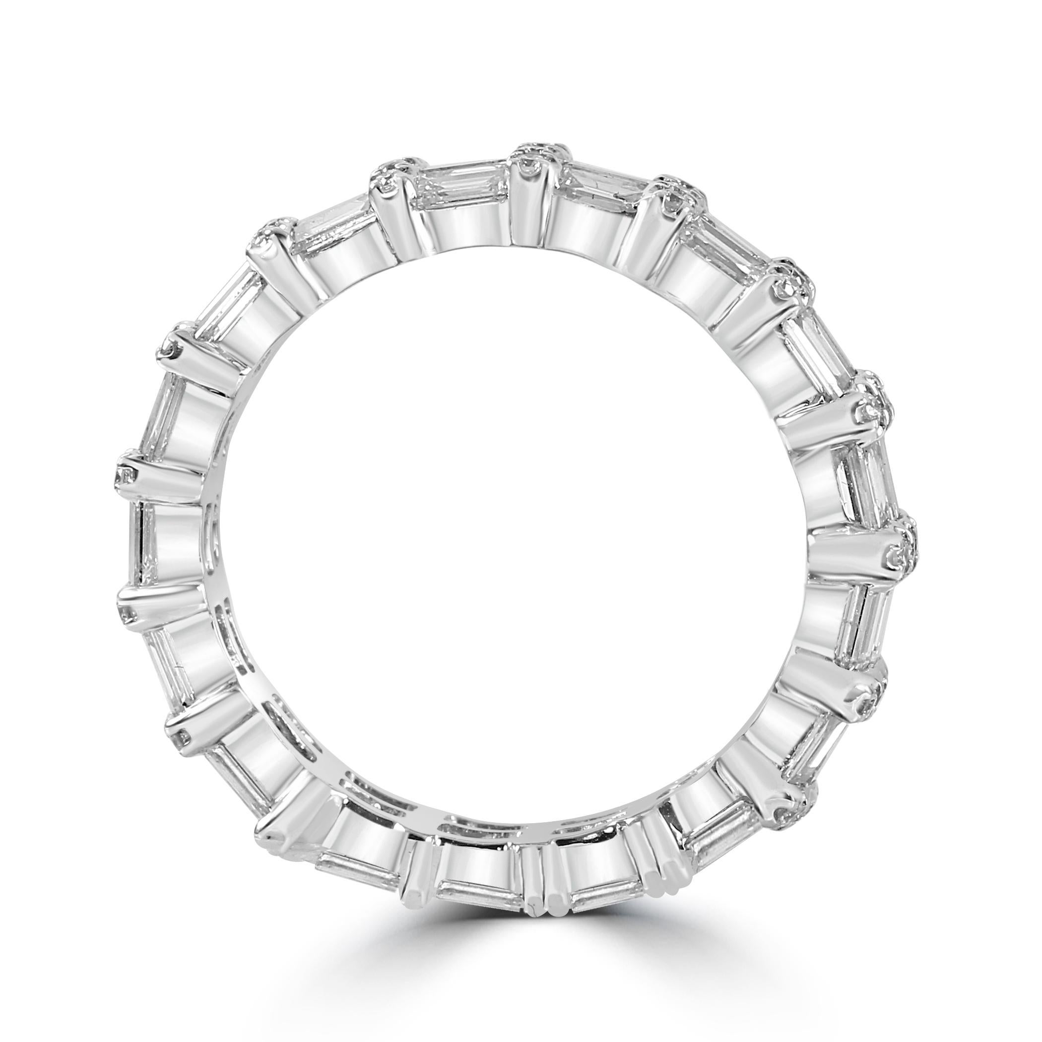 Modern White Diamond Baguette & Round 18 Karat White Gold Fashion Eternity Band Ring For Sale
