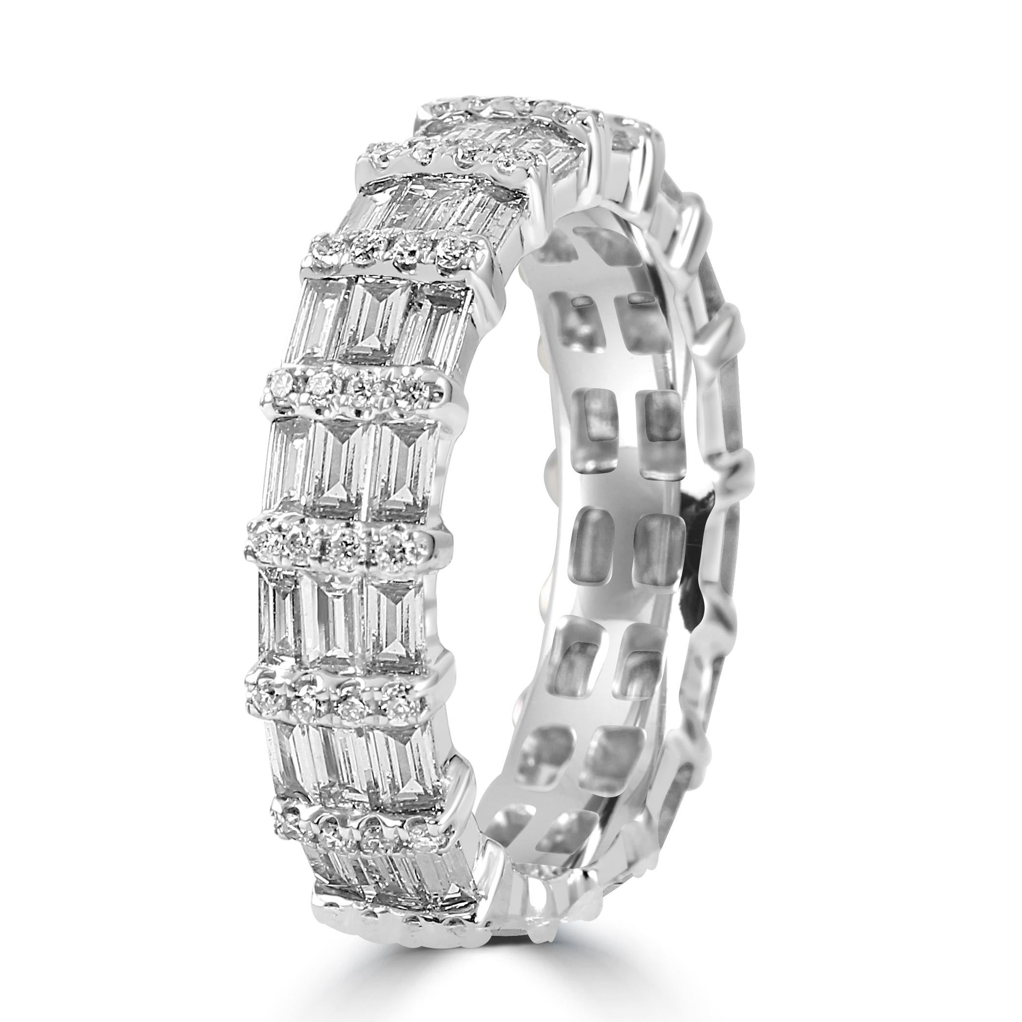 Baguette Cut White Diamond Baguette & Round 18 Karat White Gold Fashion Eternity Band Ring For Sale