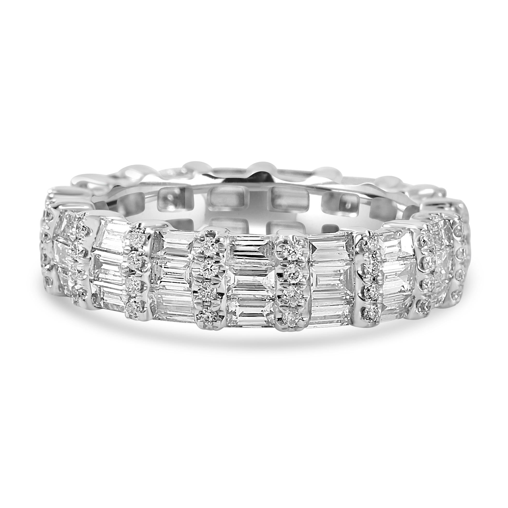 Women's or Men's White Diamond Baguette & Round 18 Karat White Gold Fashion Eternity Band Ring For Sale