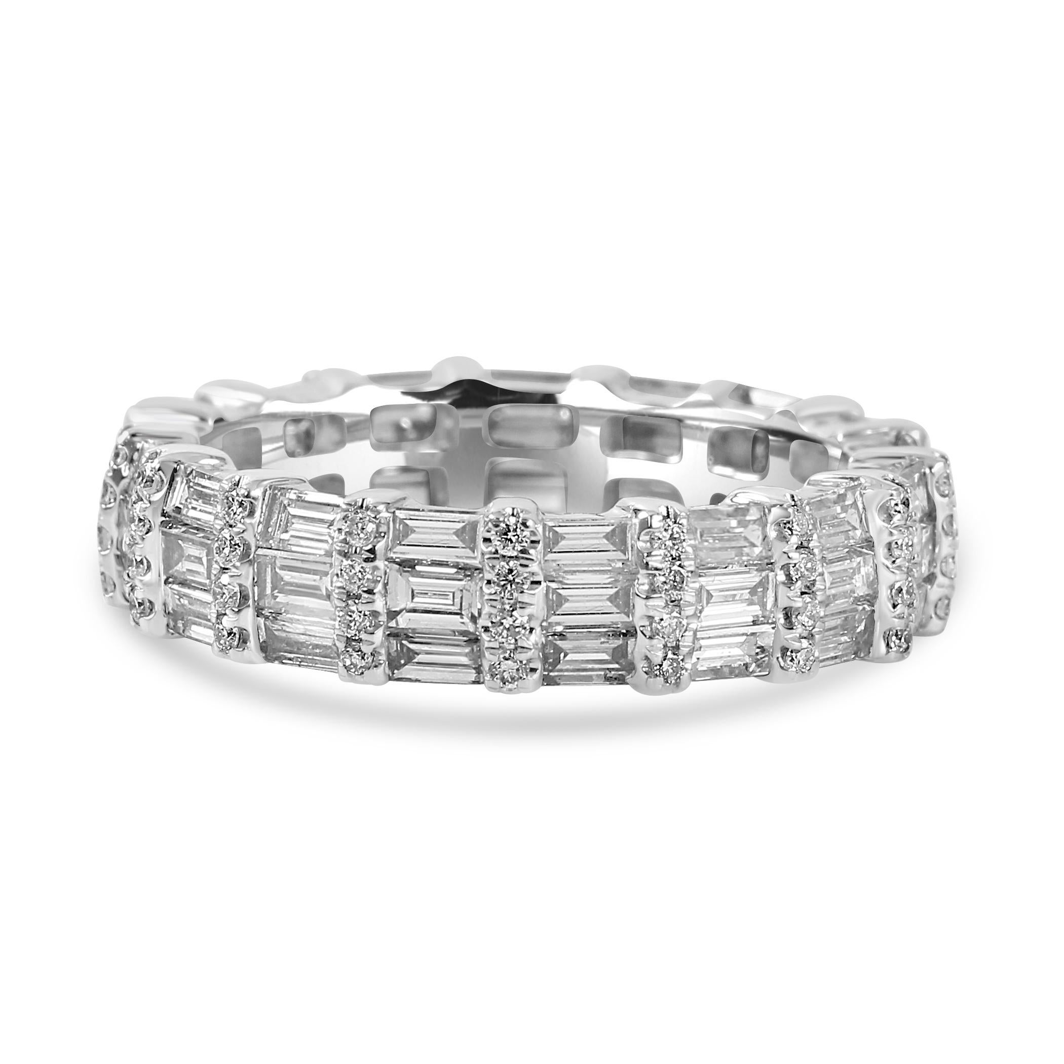 White Diamond Baguette & Round 18 Karat White Gold Fashion Eternity Band Ring For Sale 1