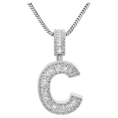 White Diamond Baguette & Round 18 Karat White Gold Letter "C" Fashion Pendant