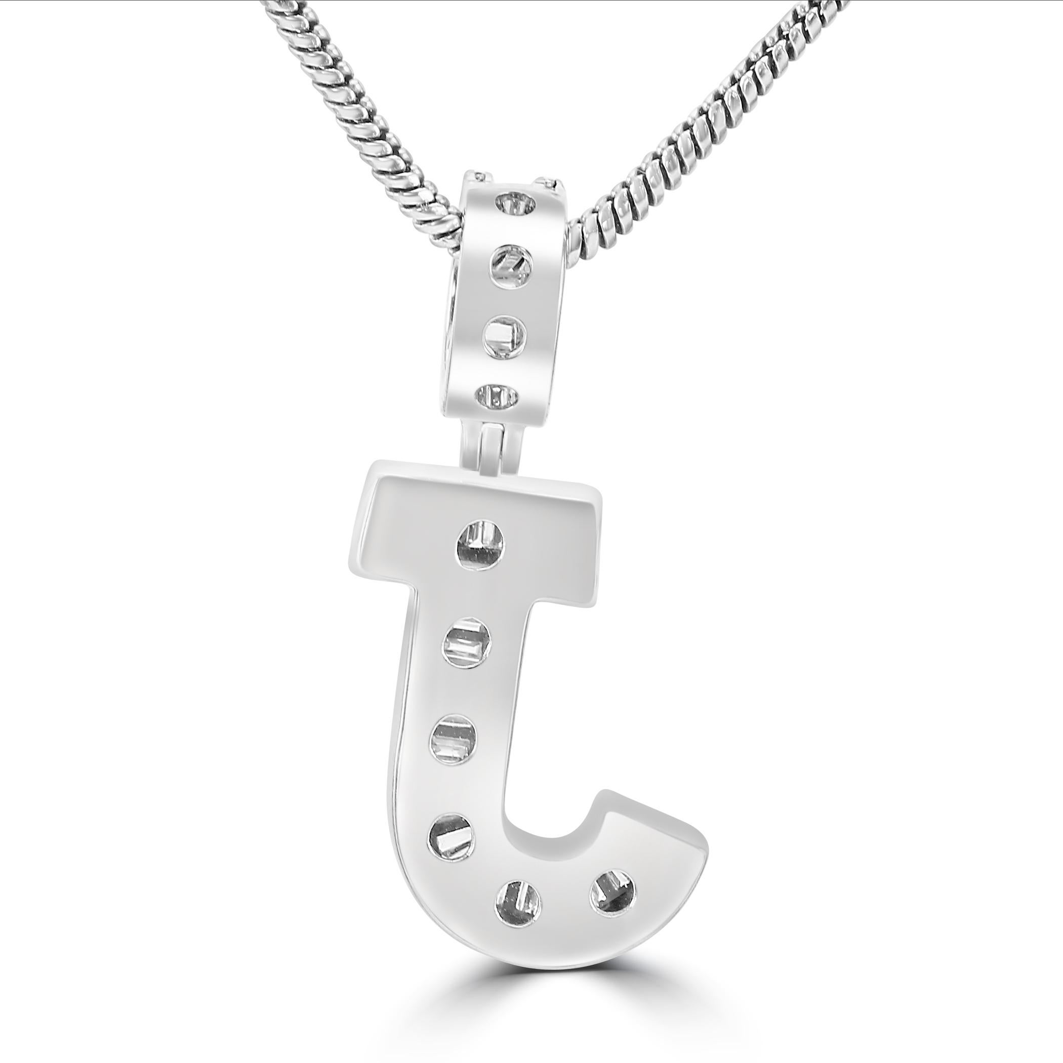 Baguette Cut White Diamond Baguette & Round 18 Karat White Gold Letter 