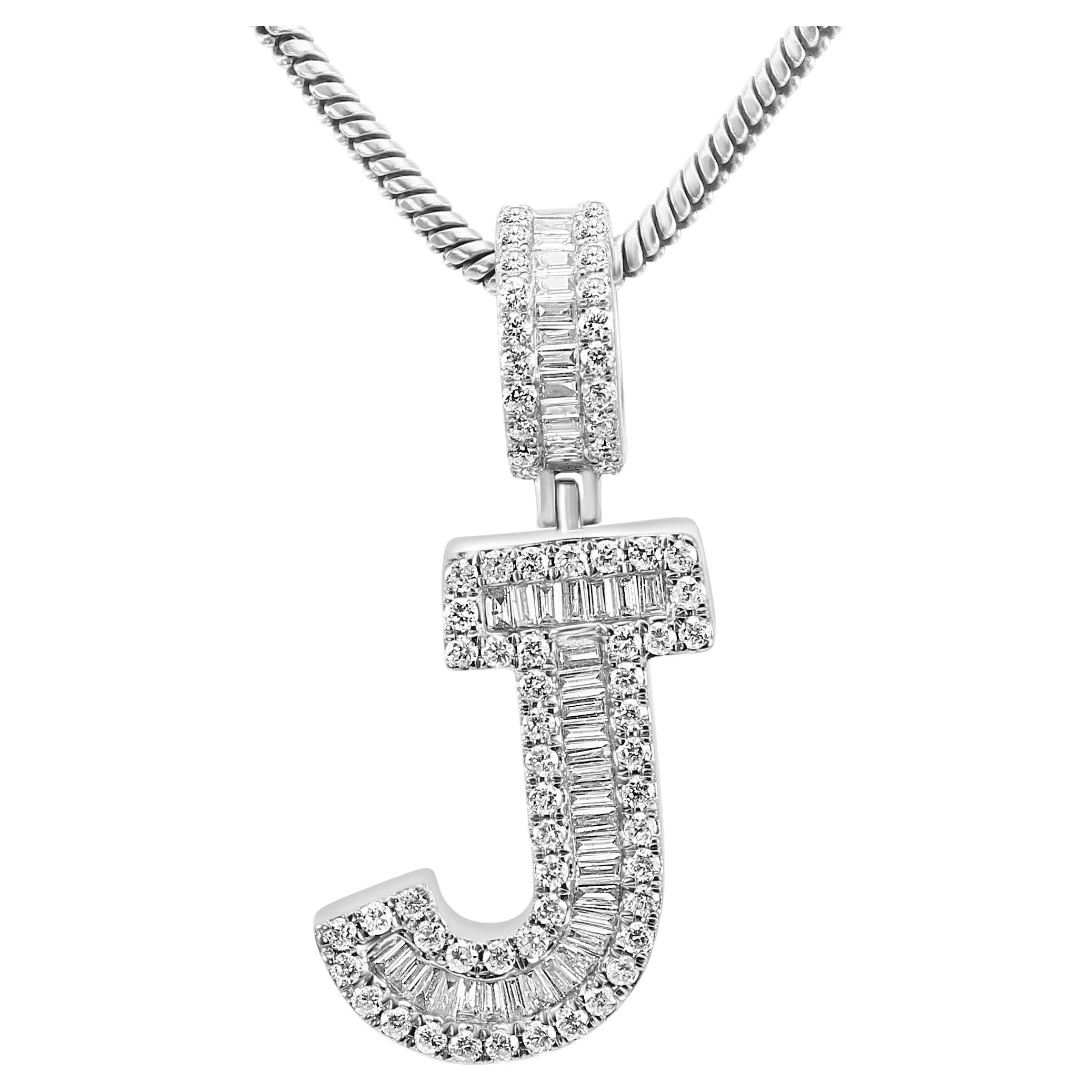 White Diamond Baguette & Round 18 Karat White Gold Letter "J" Fashion Pendant