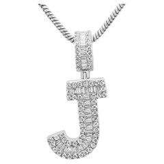 White Diamond Baguette & Round 18 Karat White Gold Letter "J" Fashion Pendant