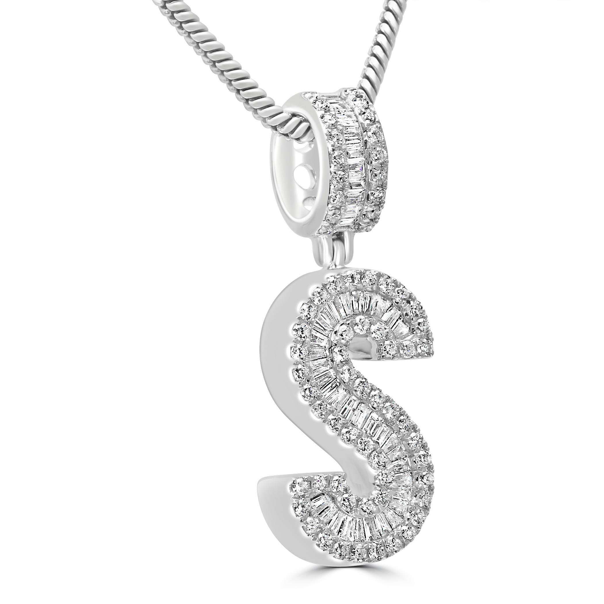 Make a bold statement of luxury & elegance with our fashion statement letter pendant. 

The pendant features 0.80 carats of baguette diamonds, carefully set by our master artisans by hand to create a sleek and modern aesthetic. The clean lines and