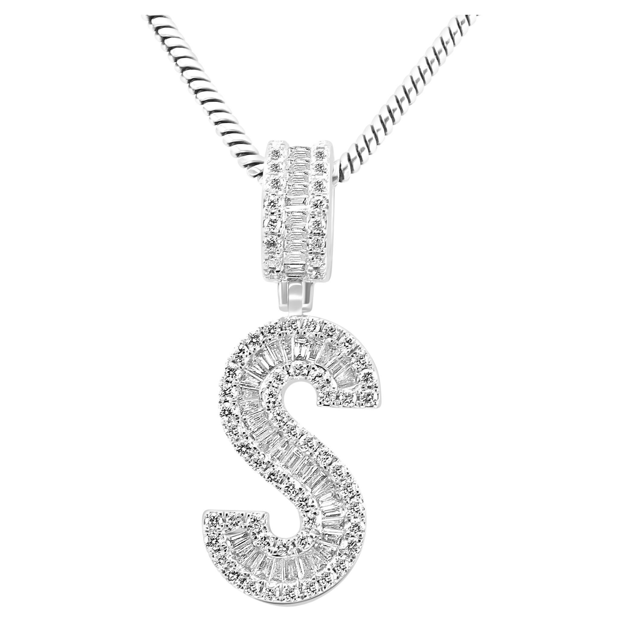 White Diamond Baguette & Round 18 Karat White Gold Letter "S" Fashion Pendant For Sale