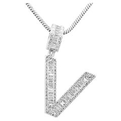 White Diamond Baguette & Round 18 Karat White Gold Letter "V" Fashion Pendant