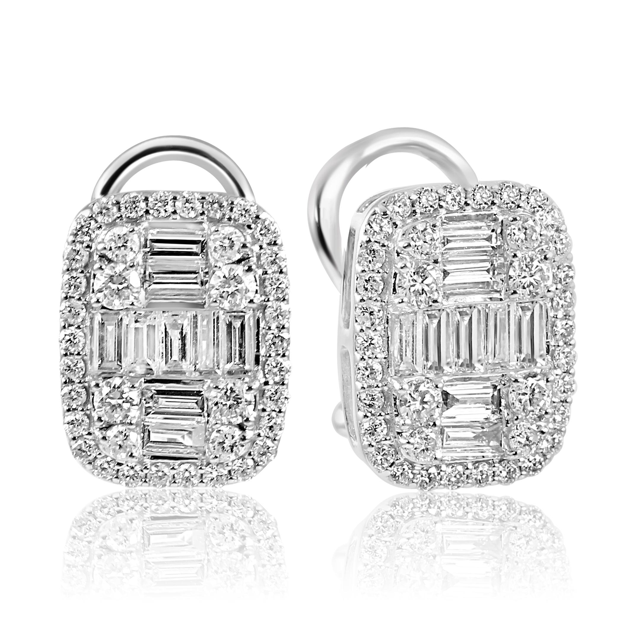Modern White Diamond Baguette Round Halo 14K White Gold Fashion Lever Back Earring For Sale