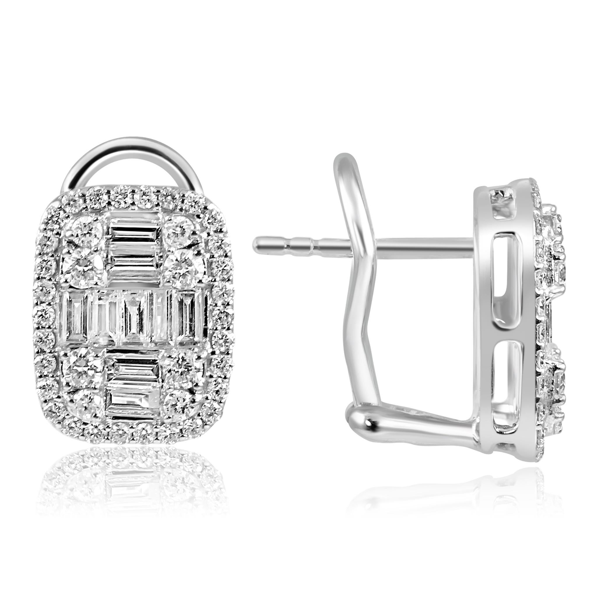 Baguette Cut White Diamond Baguette Round Halo 14K White Gold Fashion Lever Back Earring For Sale