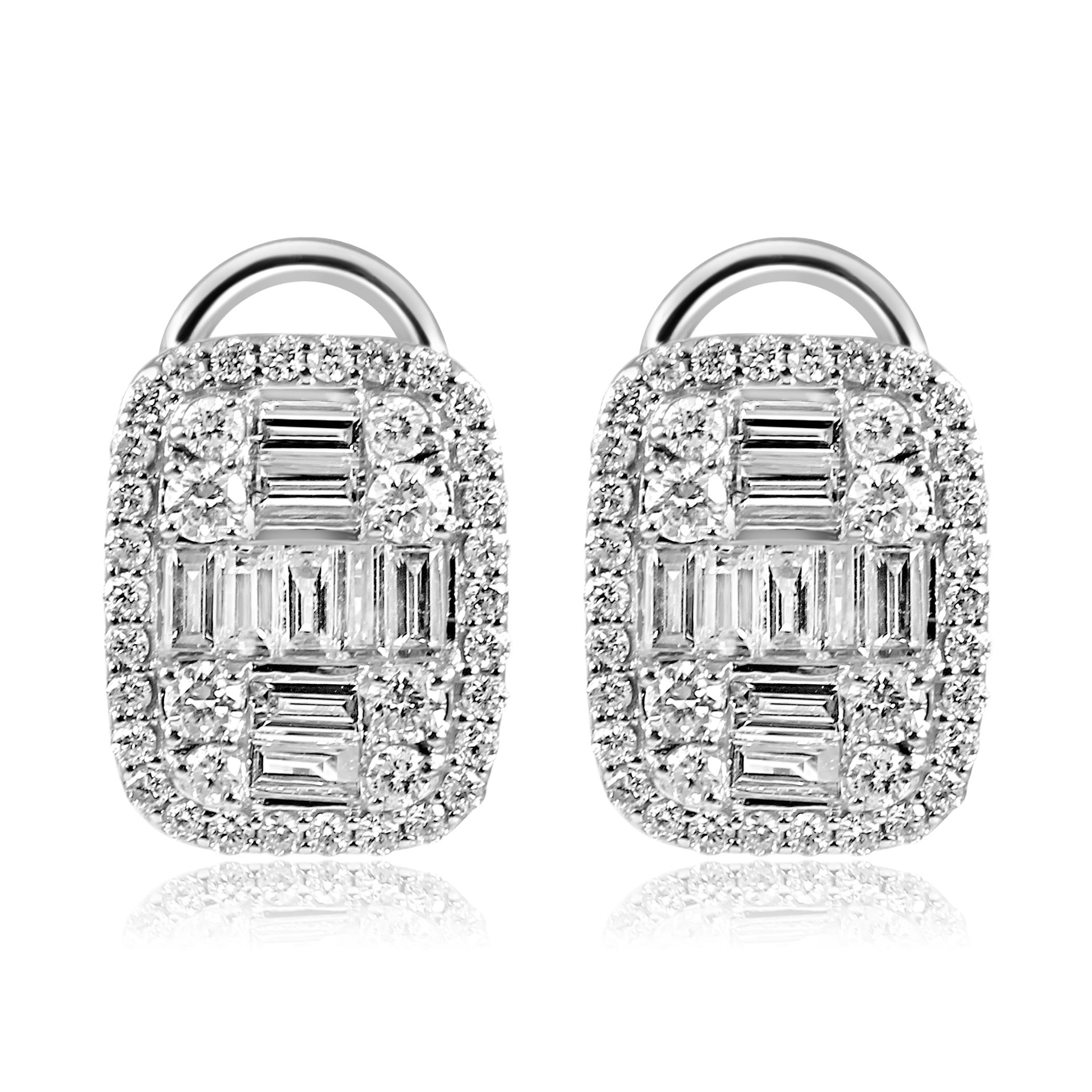 Women's or Men's White Diamond Baguette Round Halo 14K White Gold Fashion Lever Back Earring For Sale